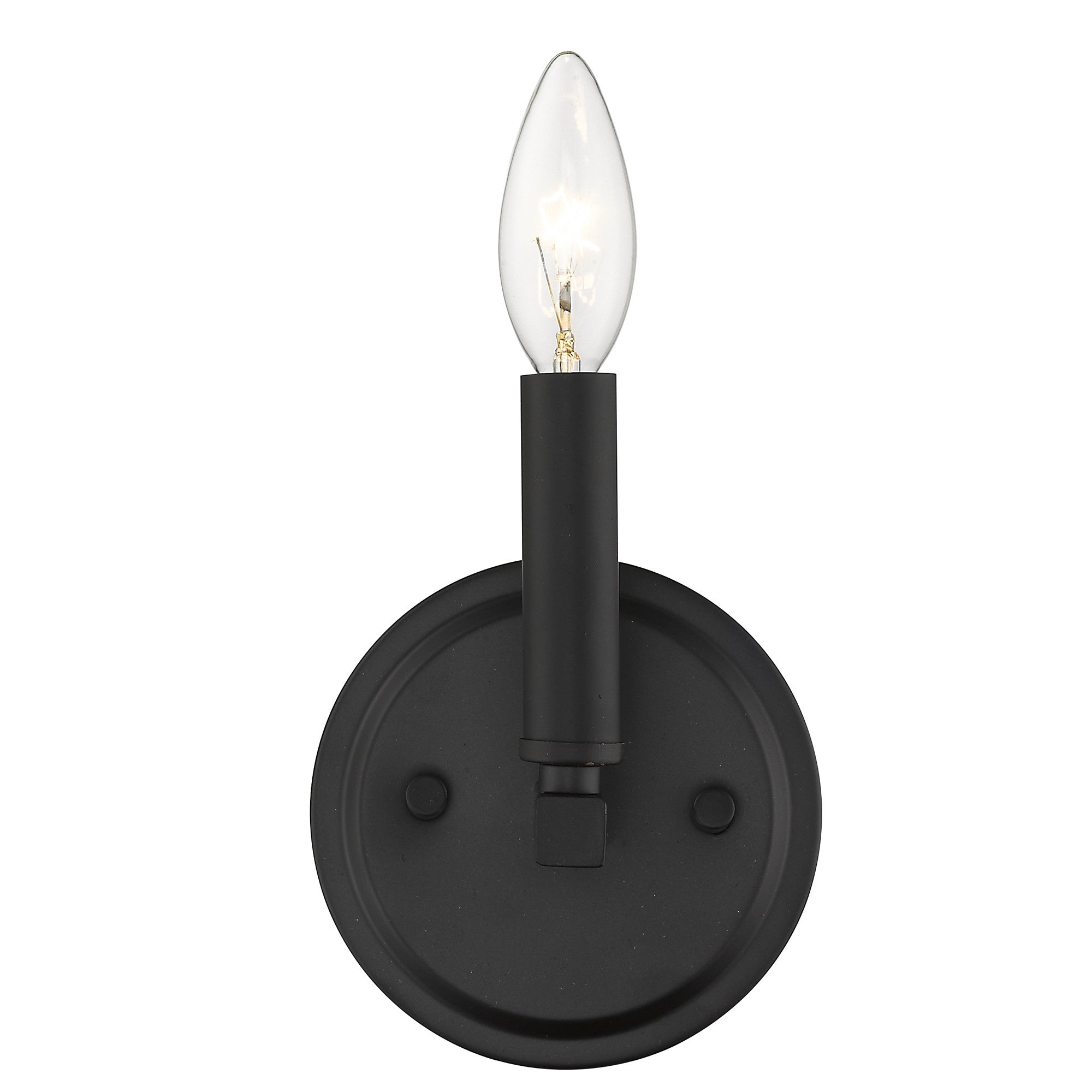 Front view of the lighted One-Light Matte Black Wall Sconce – modern minimalist black wall light fixture with candelabra bulb