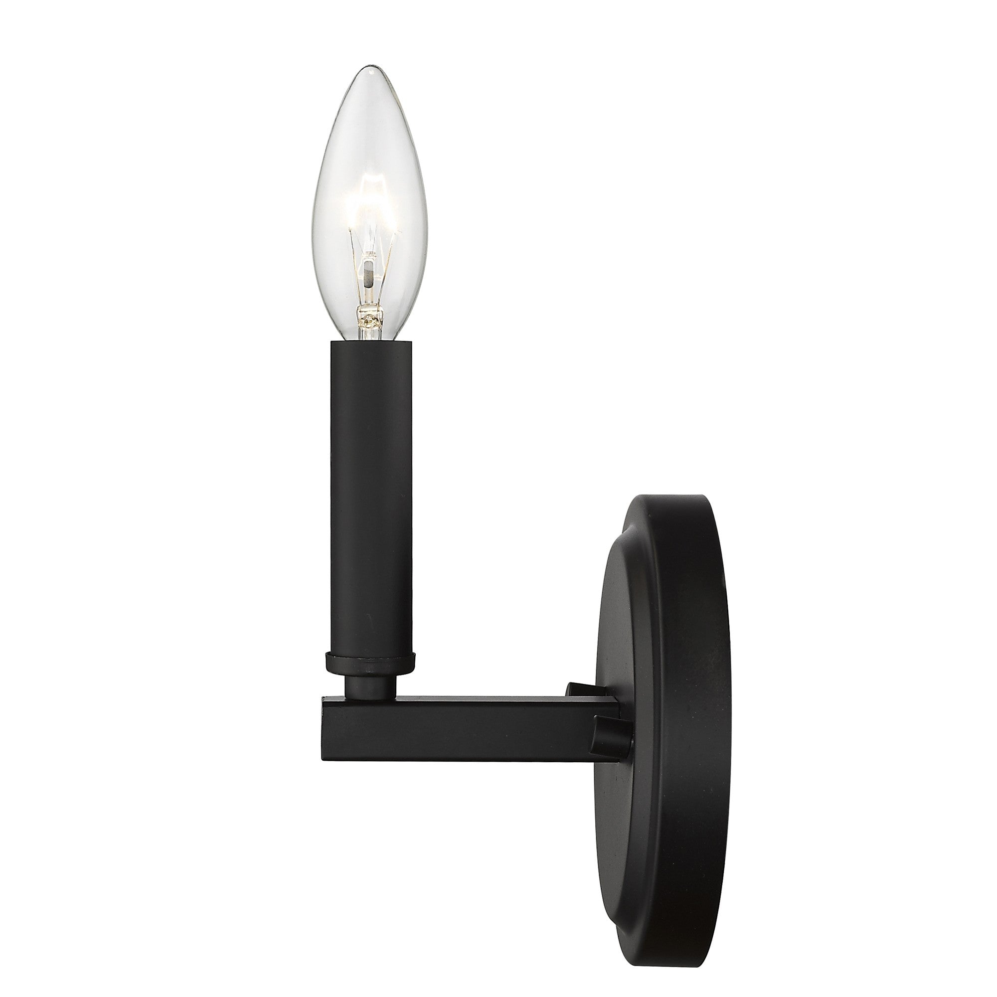 Side view of the lighted One-Light Matte Black Wall Sconce – modern minimalist black wall light fixture with candelabra bulb