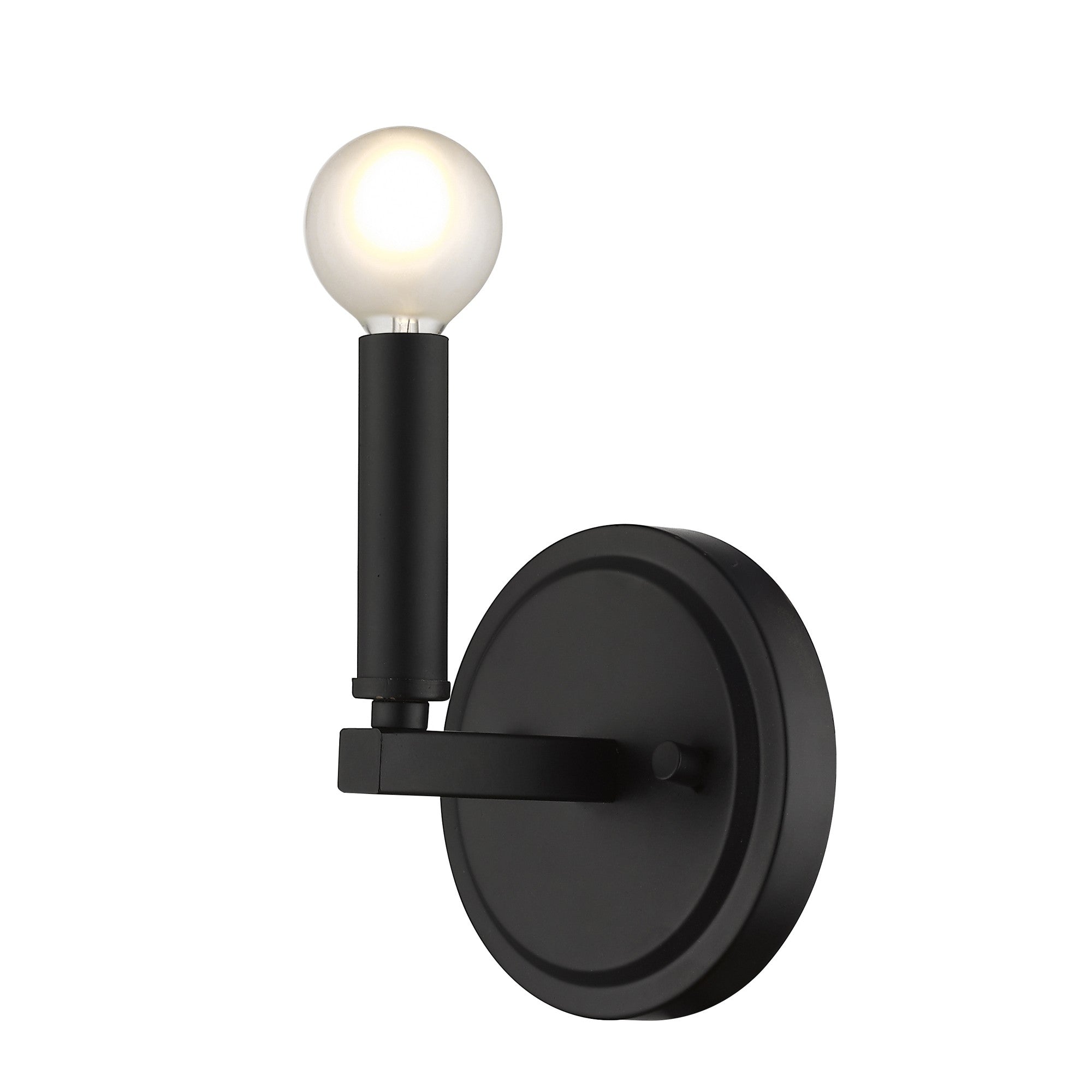 Front right angle view of the lighted One-Light Matte Black Wall Sconce – modern minimalist black wall light fixture with round bulb