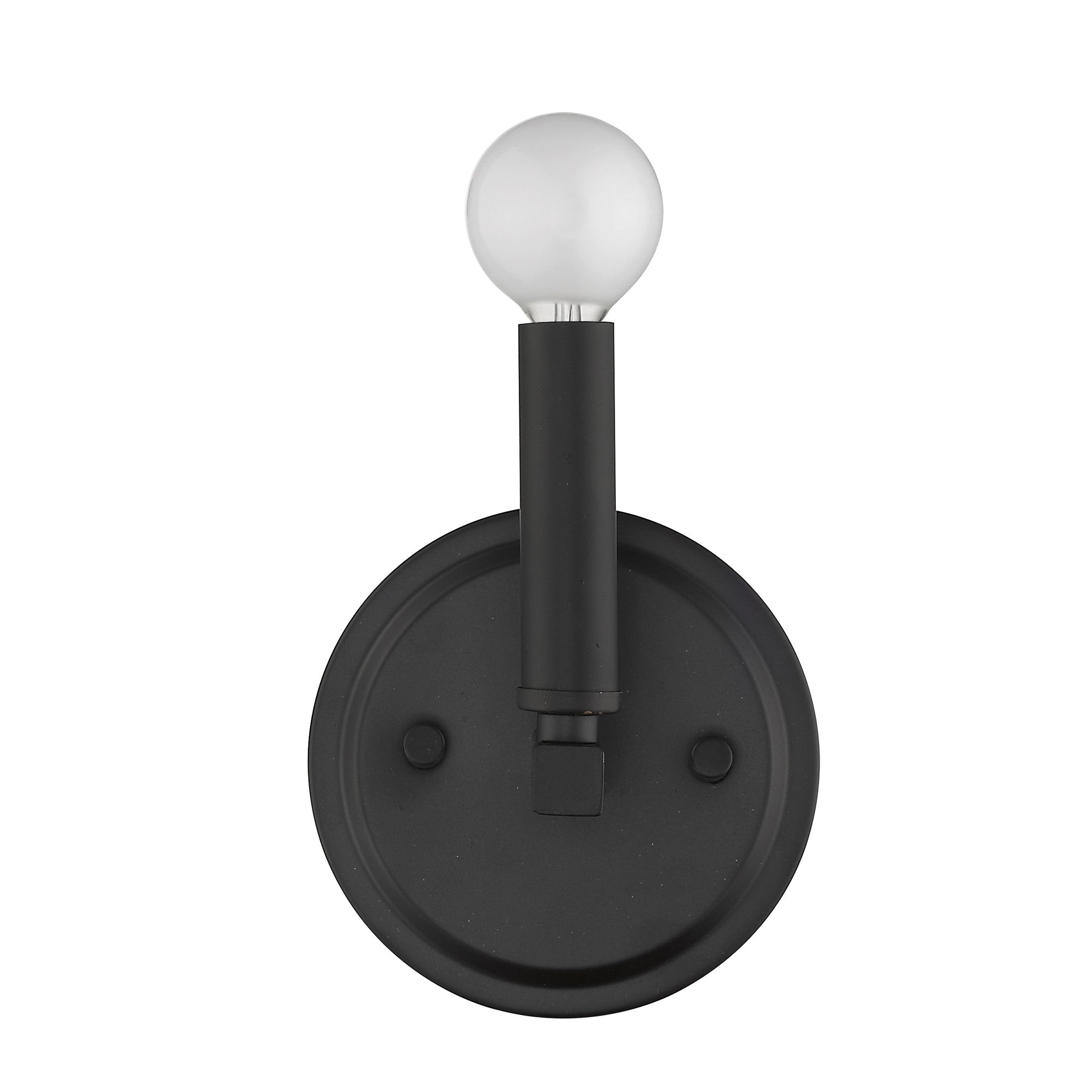 Front view of the One-Light Matte Black Wall Sconce – modern minimalist black wall light fixture with round bulb