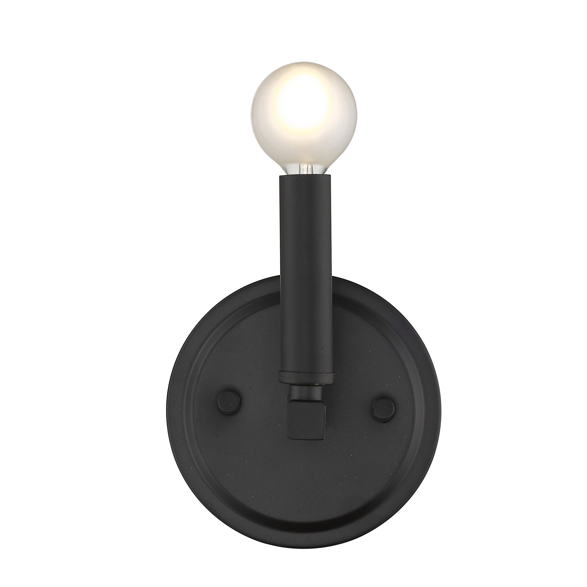 Front view of the lighted One-Light Matte Black Wall Sconce – modern minimalist black wall light fixture with round bulb