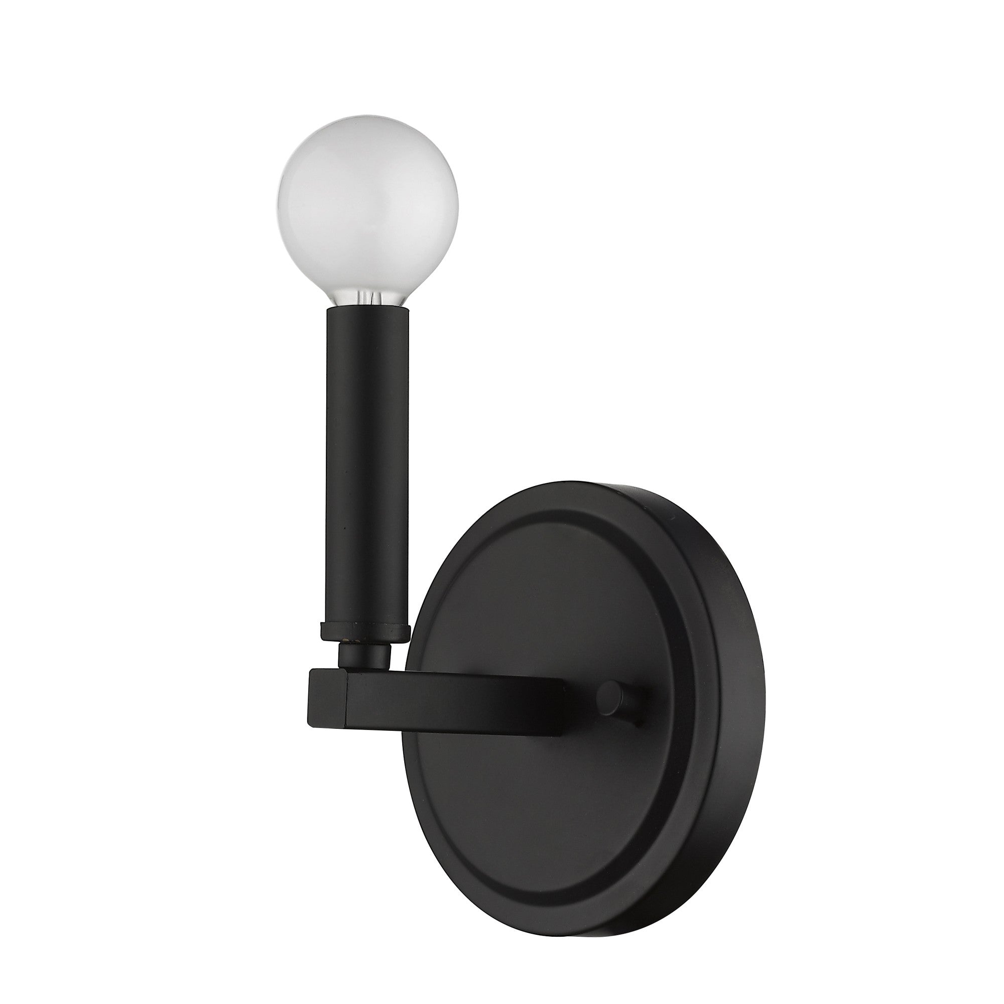 Front right angle view of the One-Light Matte Black Wall Sconce – modern minimalist black wall light fixture with round bulb