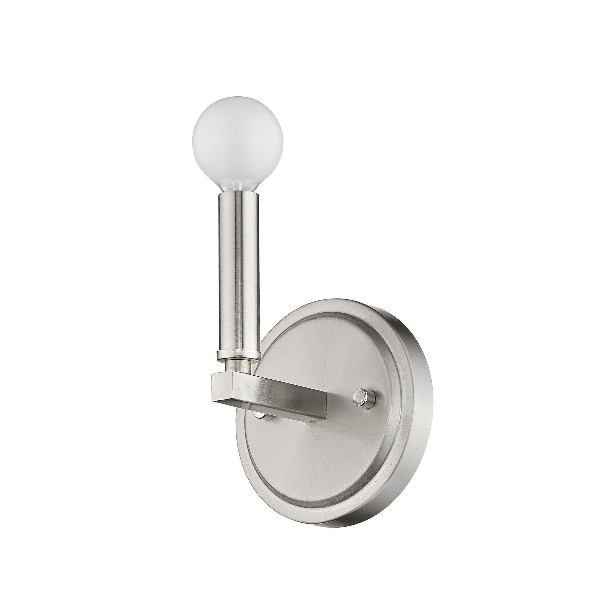 Bottom up right angle view of the One-Light Silver Wall Sconce – modern minimalist brushed silver wall light with round bulb