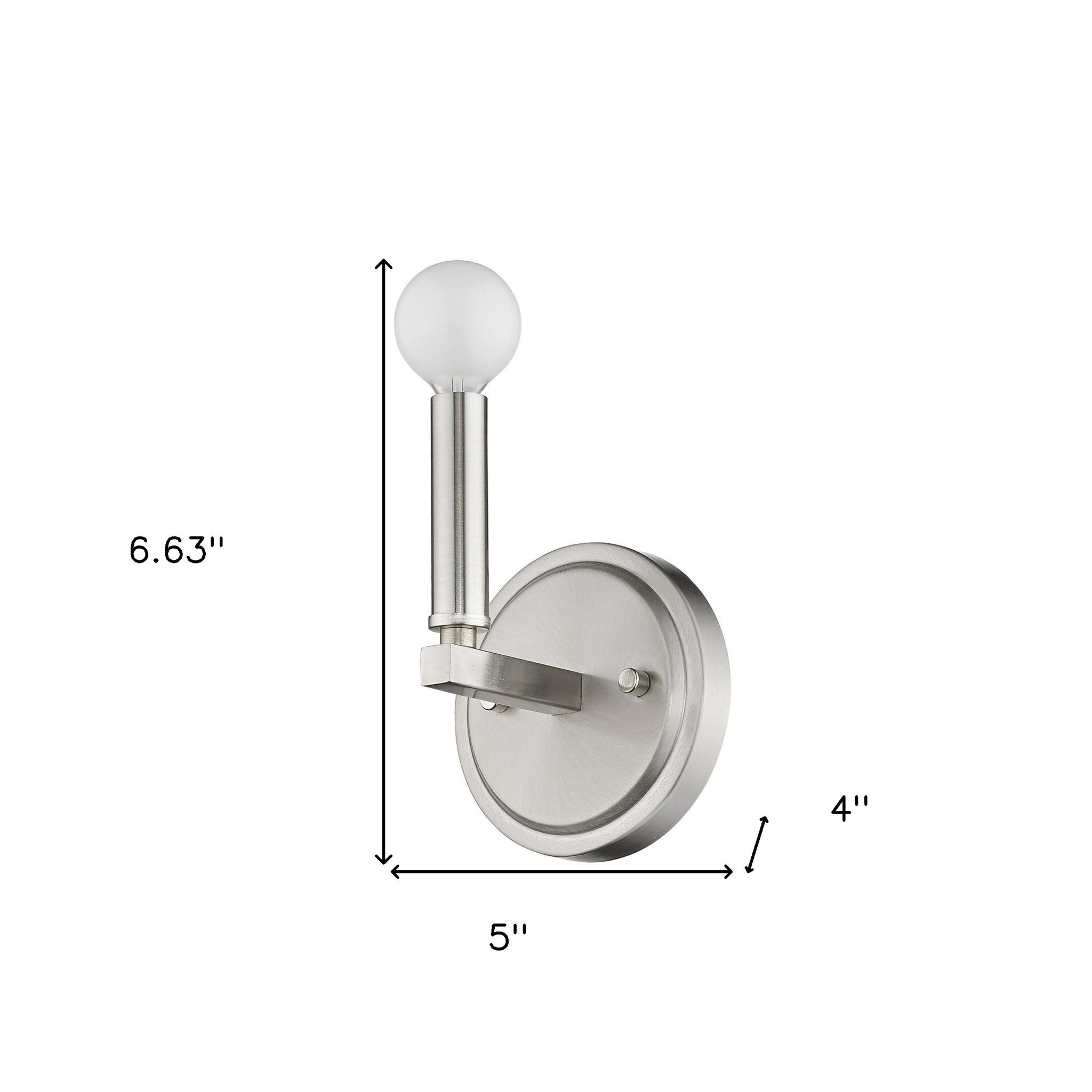 One-Light Silver Wall Sconce – modern minimalist brushed silver wall light with round bulb shown with dimensions of 6 point 63 inches high by 5 inches wide by 4 inches deep