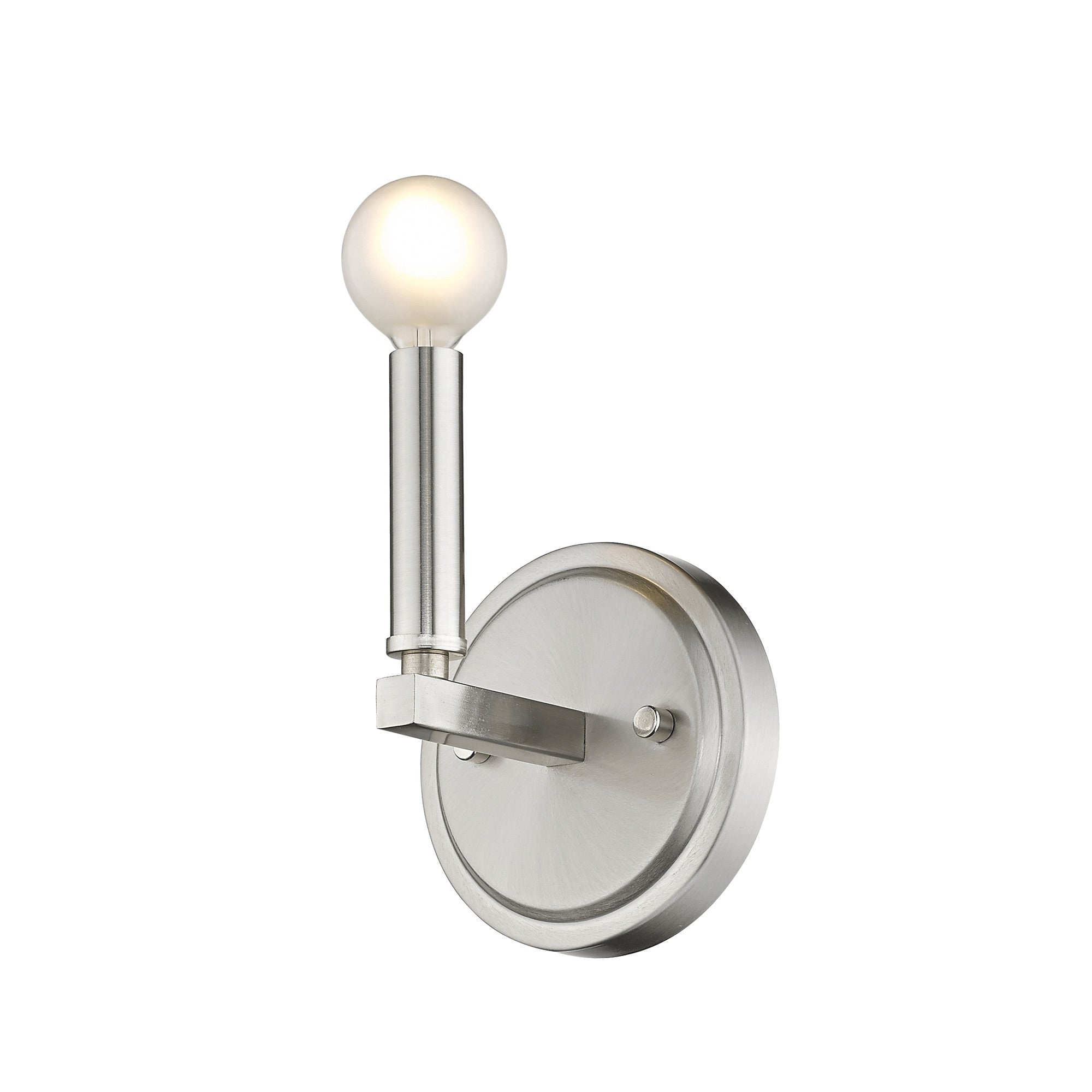 Bottom up right angle view of the lighted One-Light Silver Wall Sconce – modern minimalist brushed silver wall light with round bulb