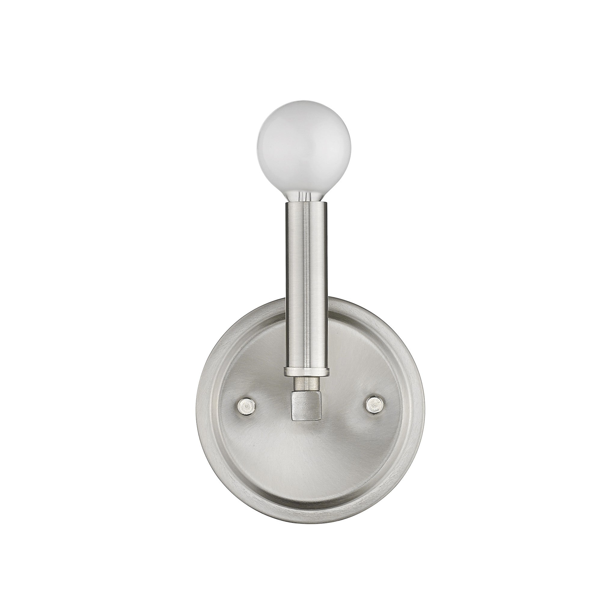 Front view of the One-Light Silver Wall Sconce – modern minimalist brushed silver wall light with round bulb