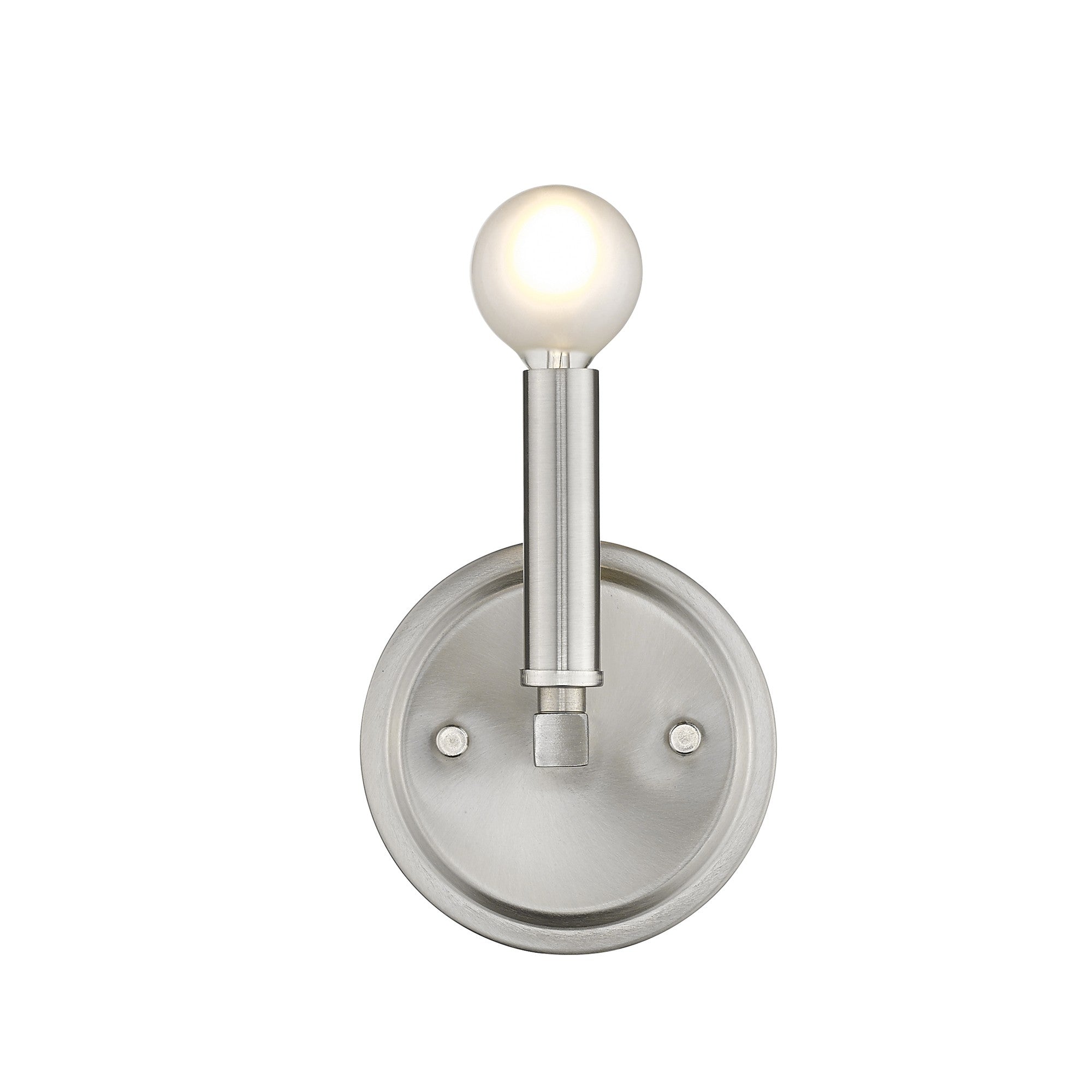 Front view of the lighted One-Light Silver Wall Sconce – modern minimalist brushed silver wall light with round bulb