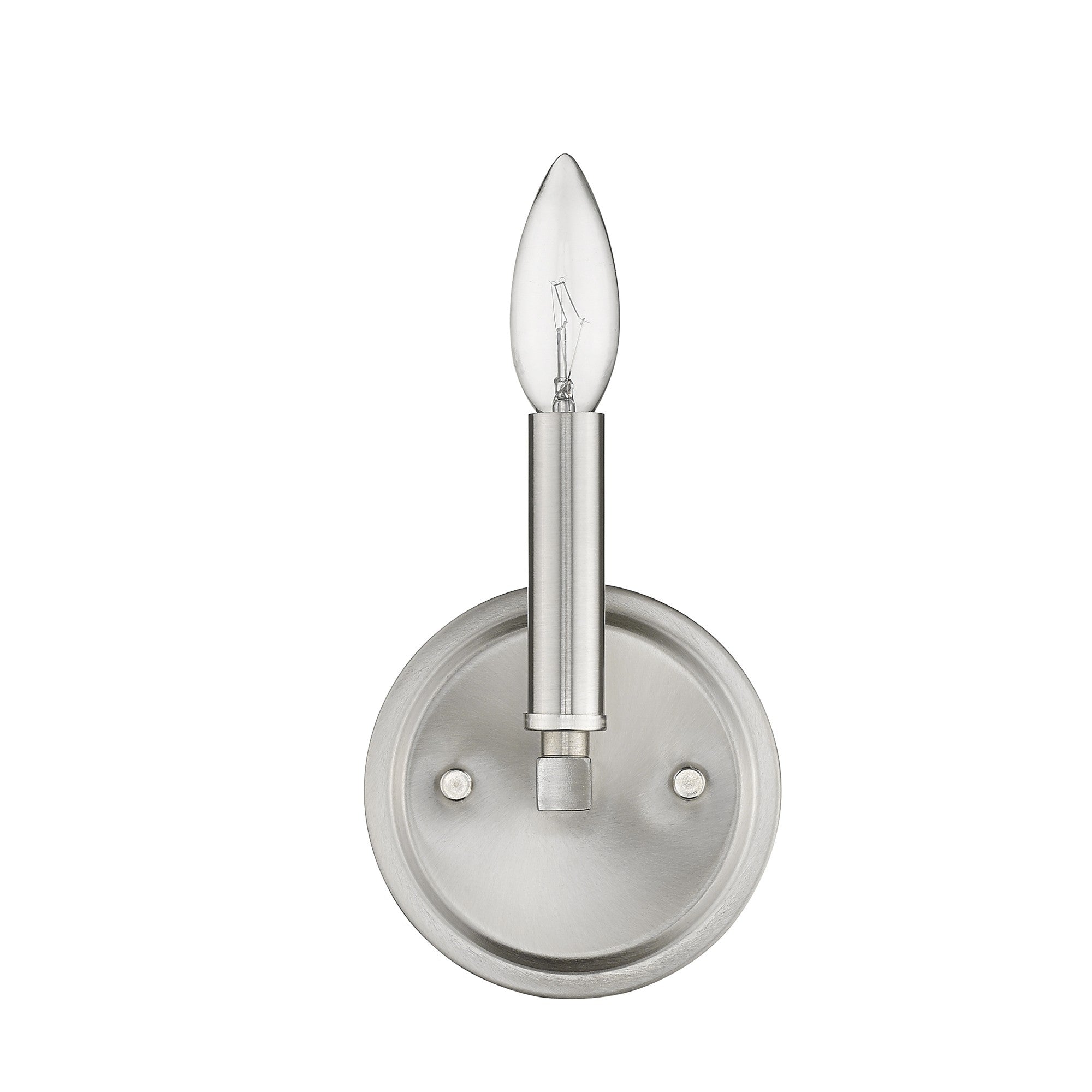 Front view of the One-Light Silver Wall Sconce – modern minimalist brushed silver wall light with candelabra bulb