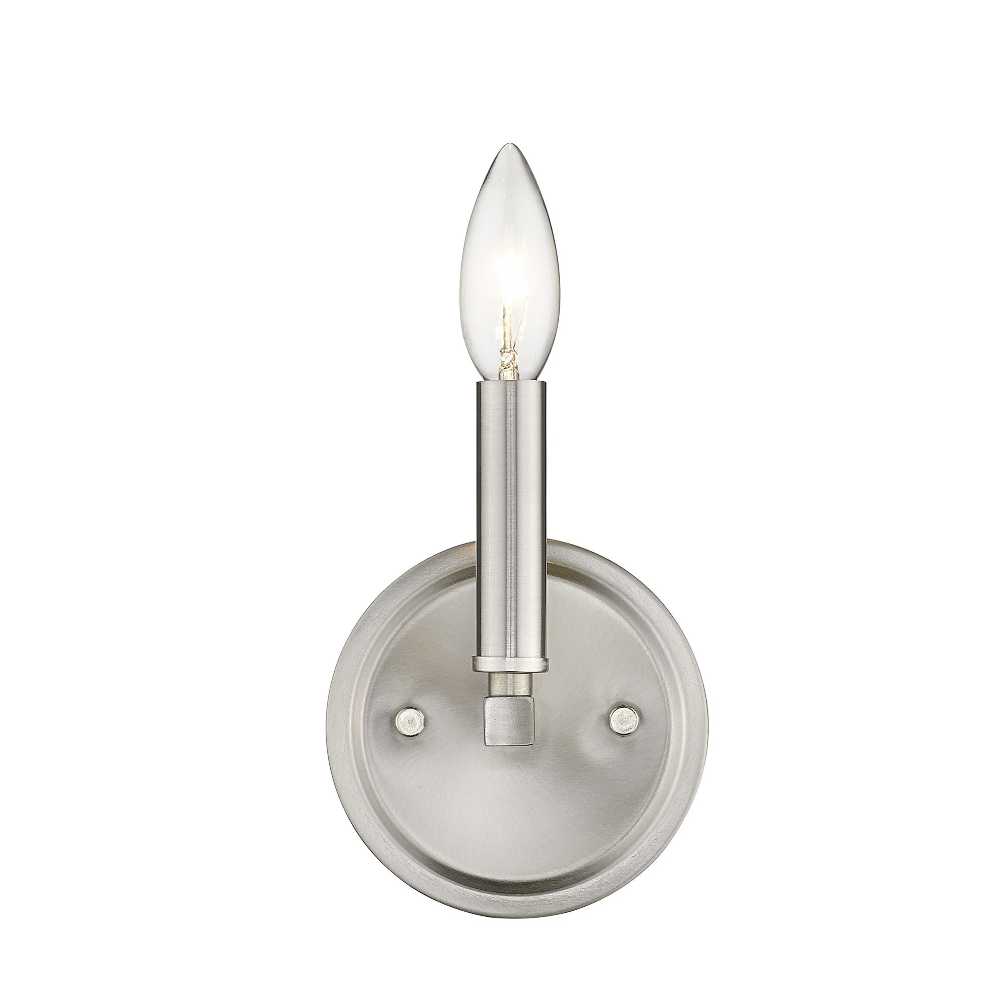 Front view of the lighted One-Light Silver Wall Sconce – modern minimalist brushed silver wall light with candelabra bulb