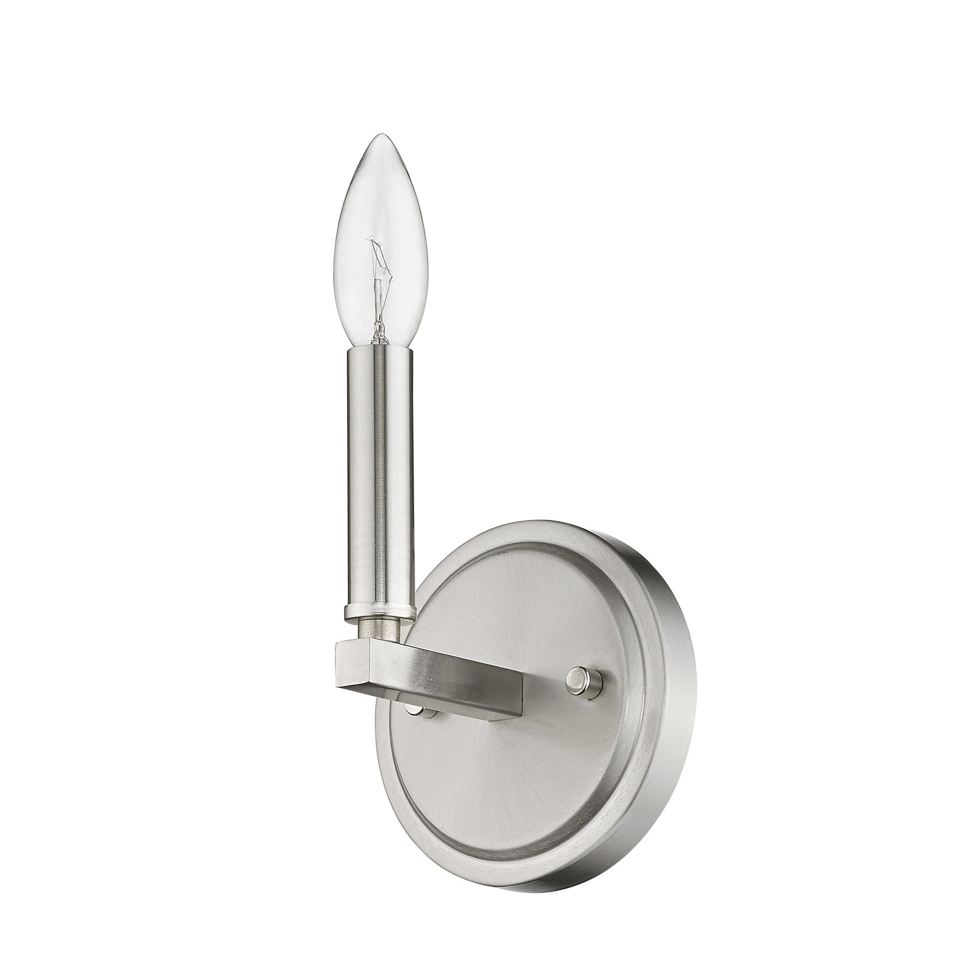 Bottom up right angle view of the One-Light Silver Wall Sconce – modern minimalist brushed silver wall light with candelabra bulb