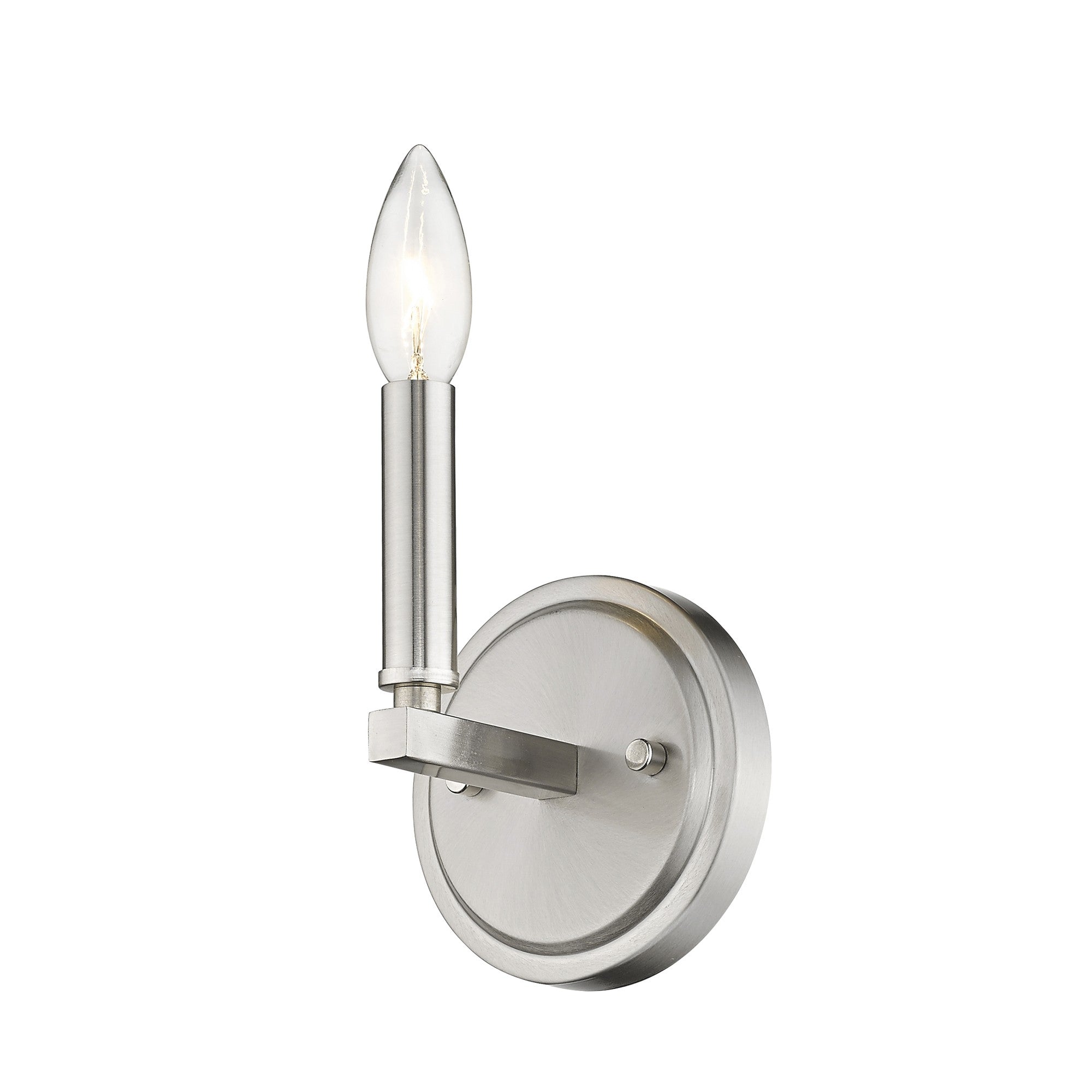 Bottom up right angle view of the lighted One-Light Silver Wall Sconce – modern minimalist brushed silver wall light with candelabra bulb