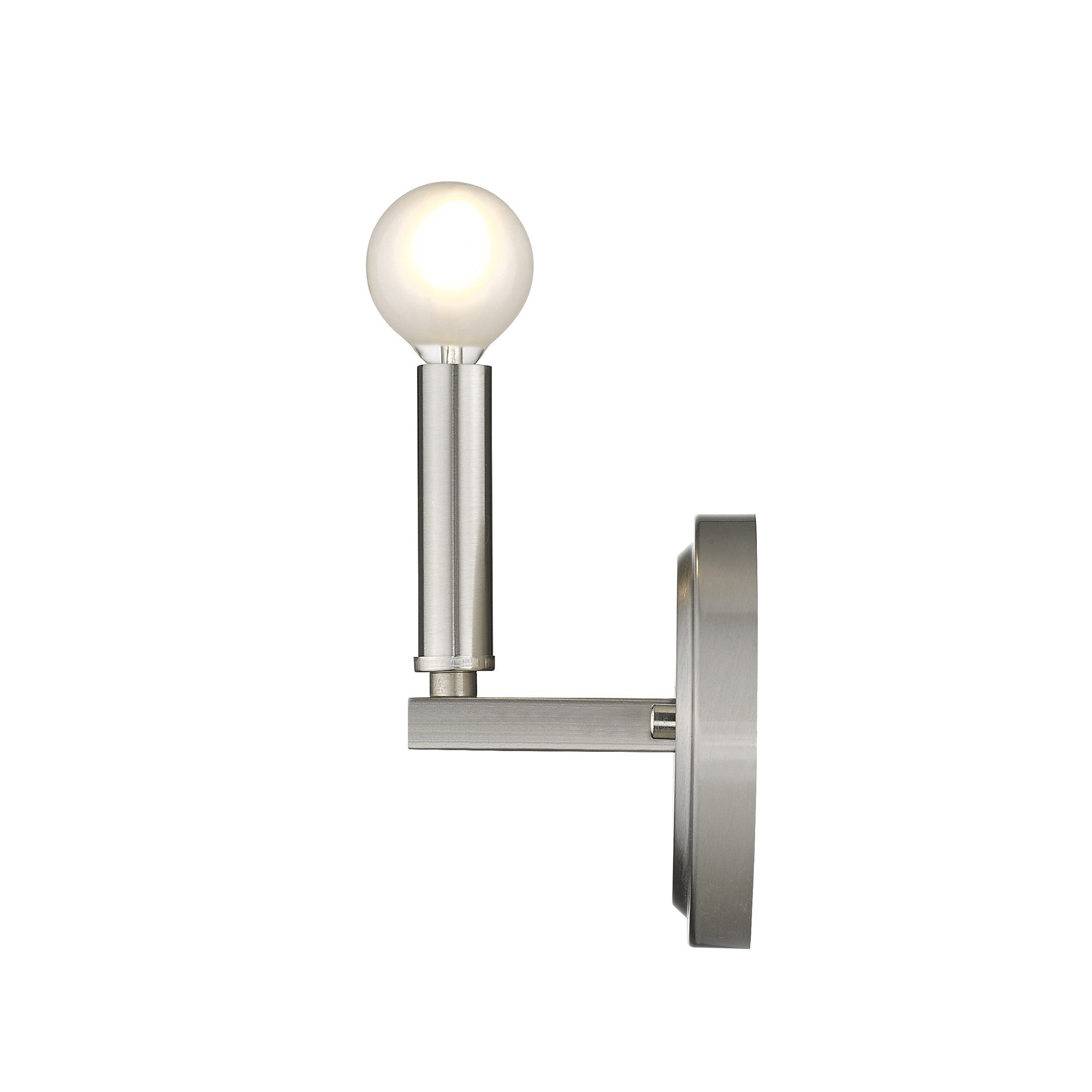 Side view of the lighted One-Light Silver Wall Sconce – modern minimalist brushed silver wall light with round bulb
