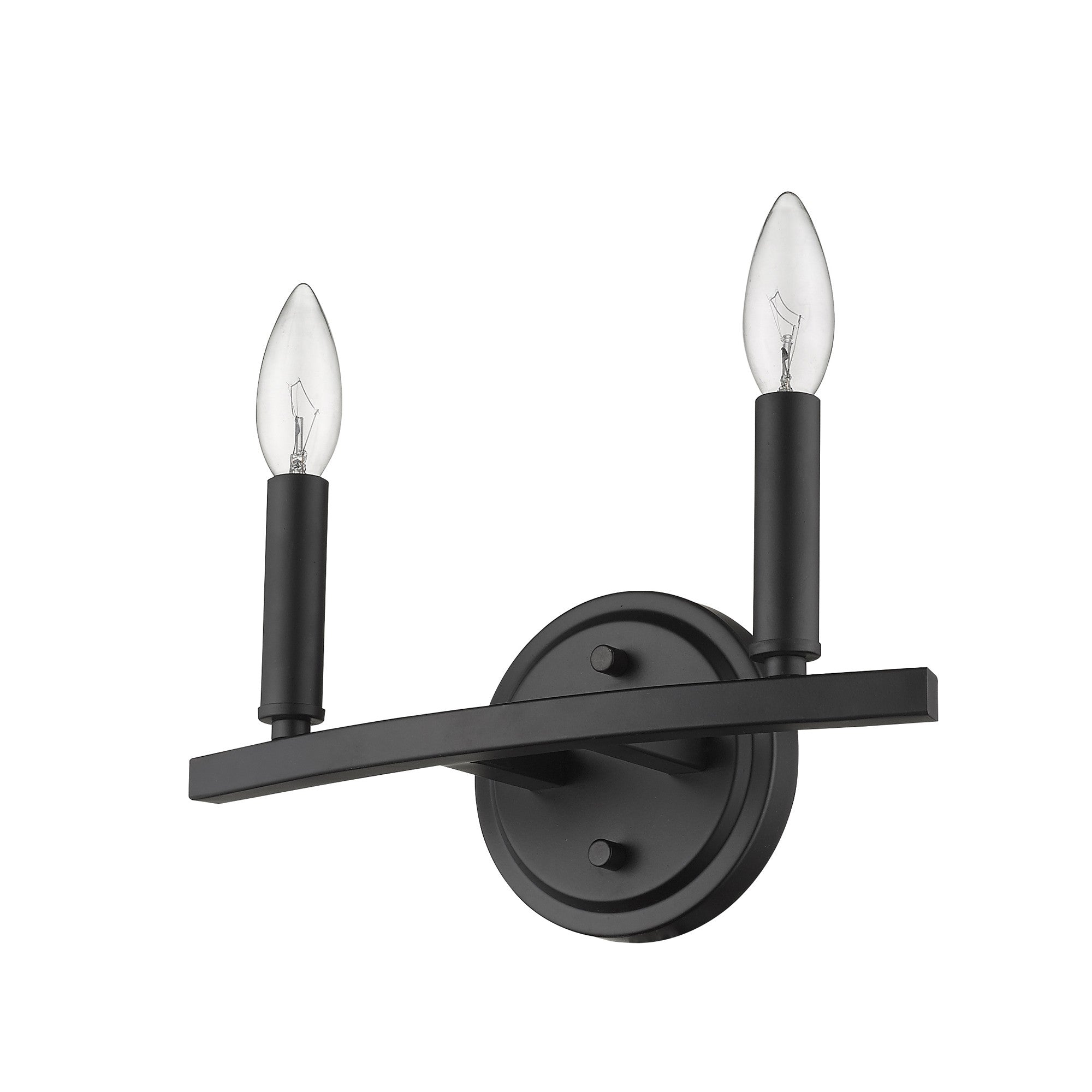 Bottom up right angle view of the Two-Light Matte Black Wall Sconce – modern minimalist wall light with exposed candelabra bulbs