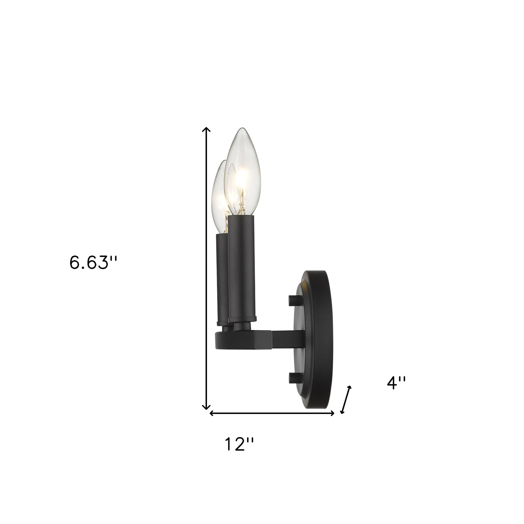Two-Light Matte Black Wall Sconce – modern minimalist wall light with exposed candelabra bulbs shown with dimensions of 6 point 63 inches high by 12 inches wide by 4 inches deep