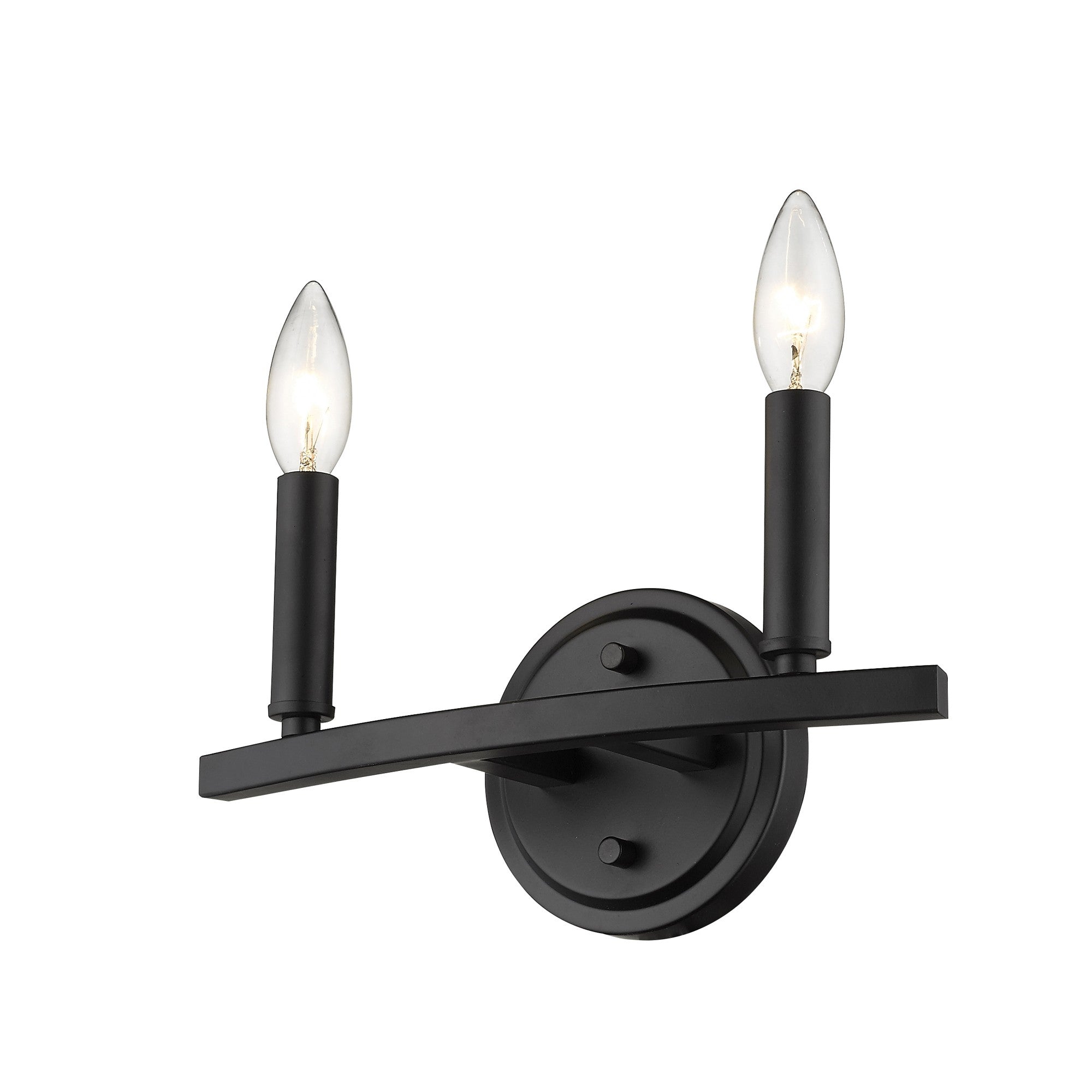 Bottom up right angle view of the lighted Two-Light Matte Black Wall Sconce – modern minimalist wall light with exposed candelabra bulbs