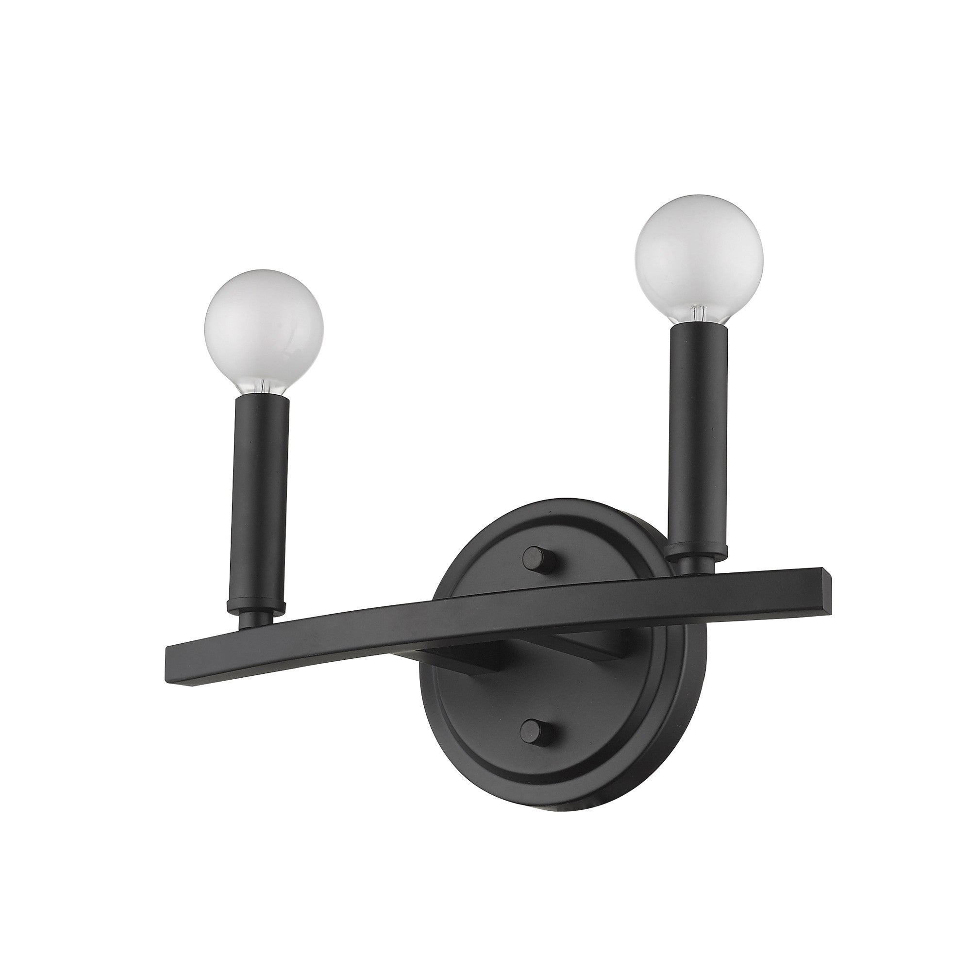 Bottom up right angle view of the Two-Light Matte Black Wall Sconce – modern minimalist wall light with exposed round bulbs