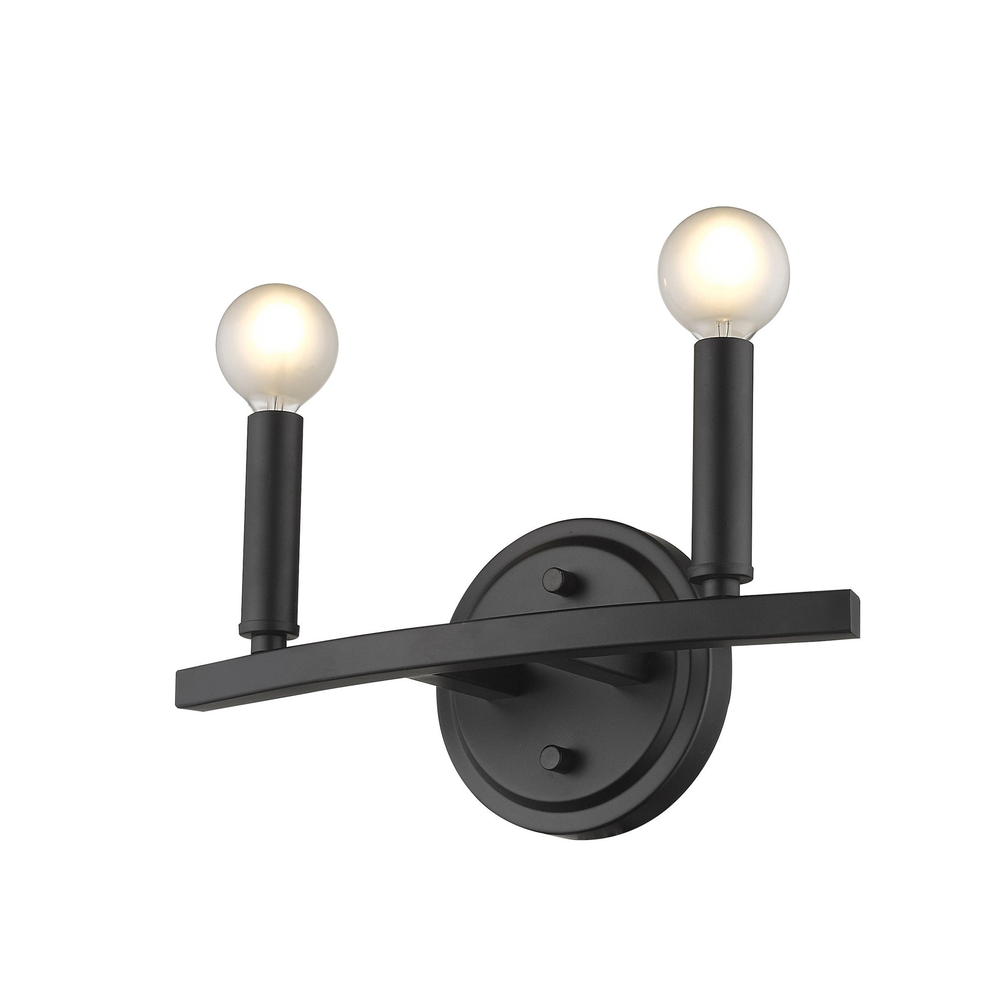 Bottom up right angle view of the lighted Two-Light Matte Black Wall Sconce – modern minimalist wall light with exposed round bulbs