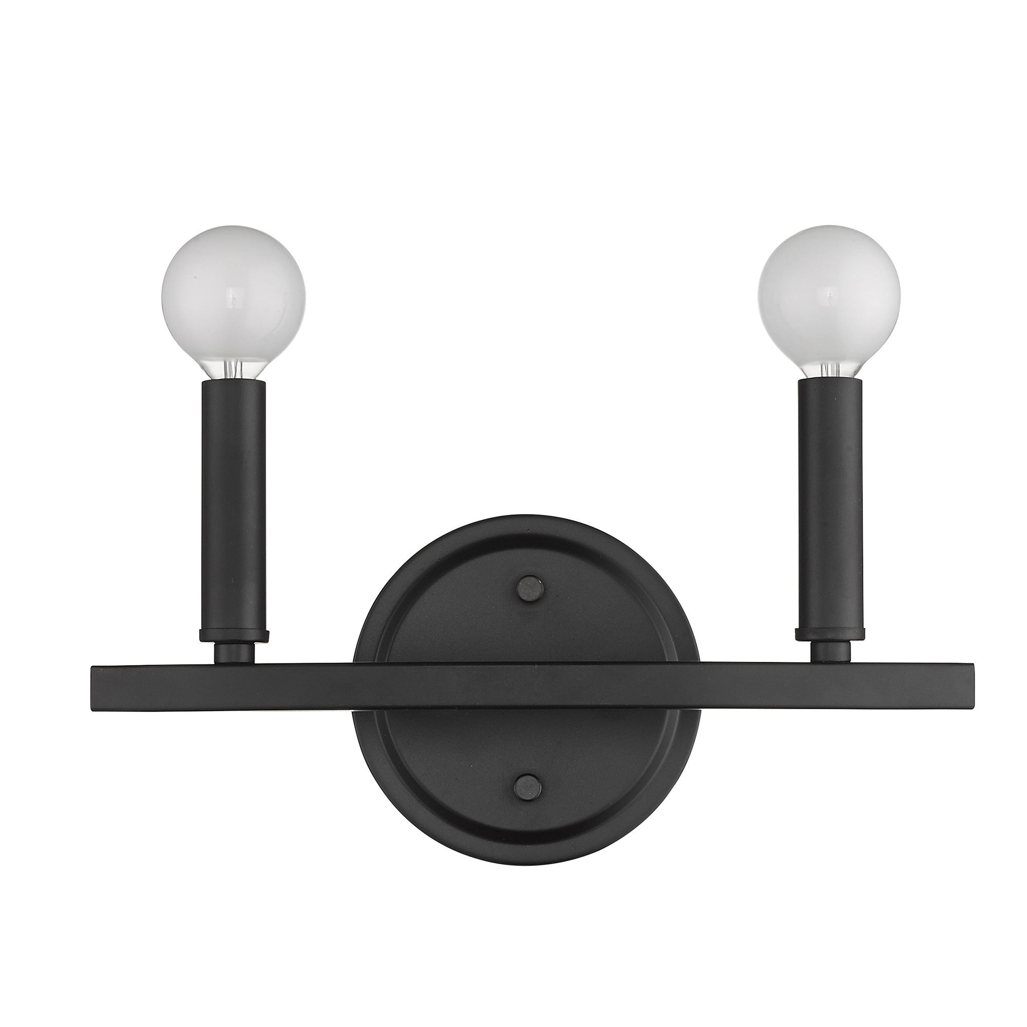 Front view of the Two-Light Matte Black Wall Sconce – modern minimalist wall light with exposed round bulbs