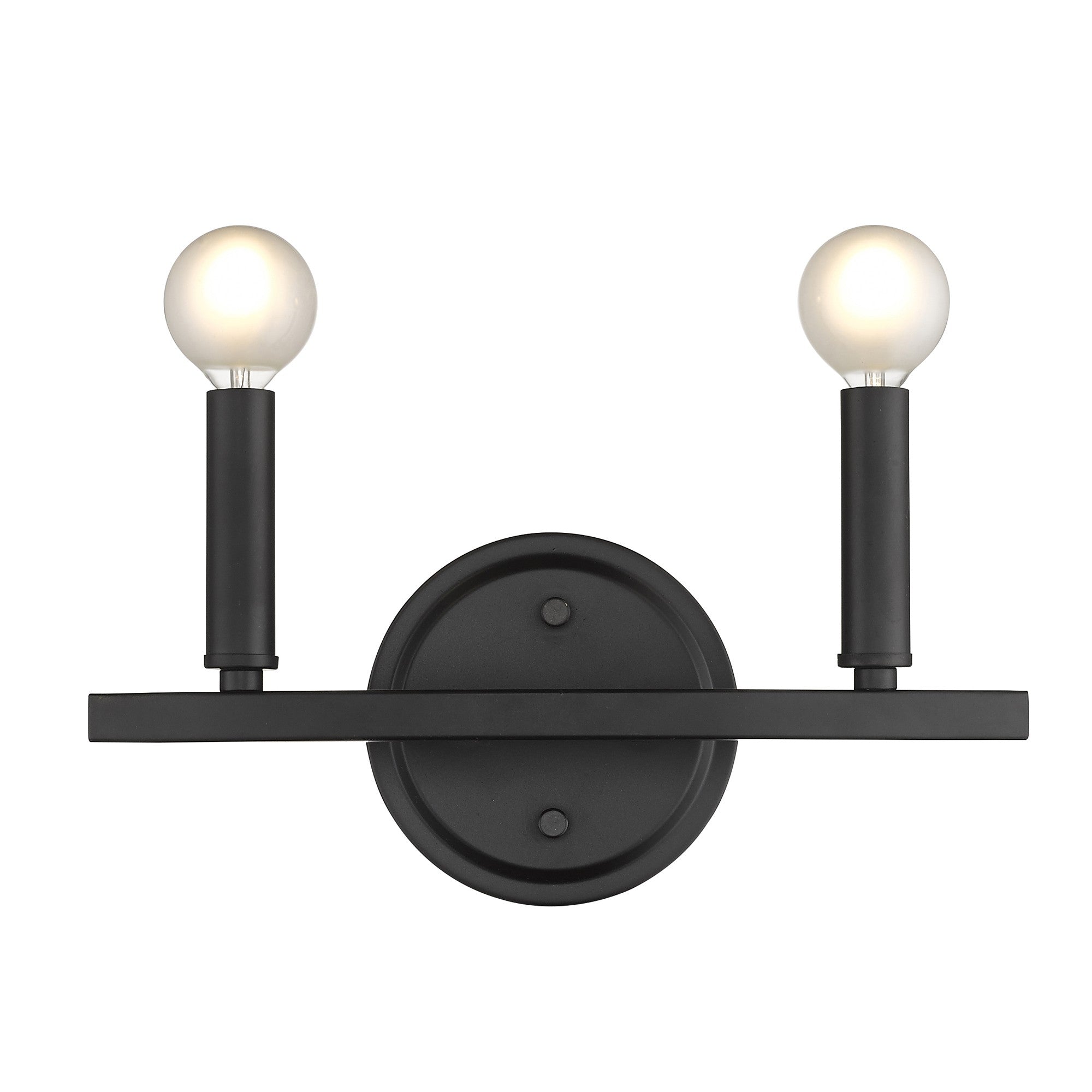 Front view of the lighted Two-Light Matte Black Wall Sconce – modern minimalist wall light with exposed round bulbs