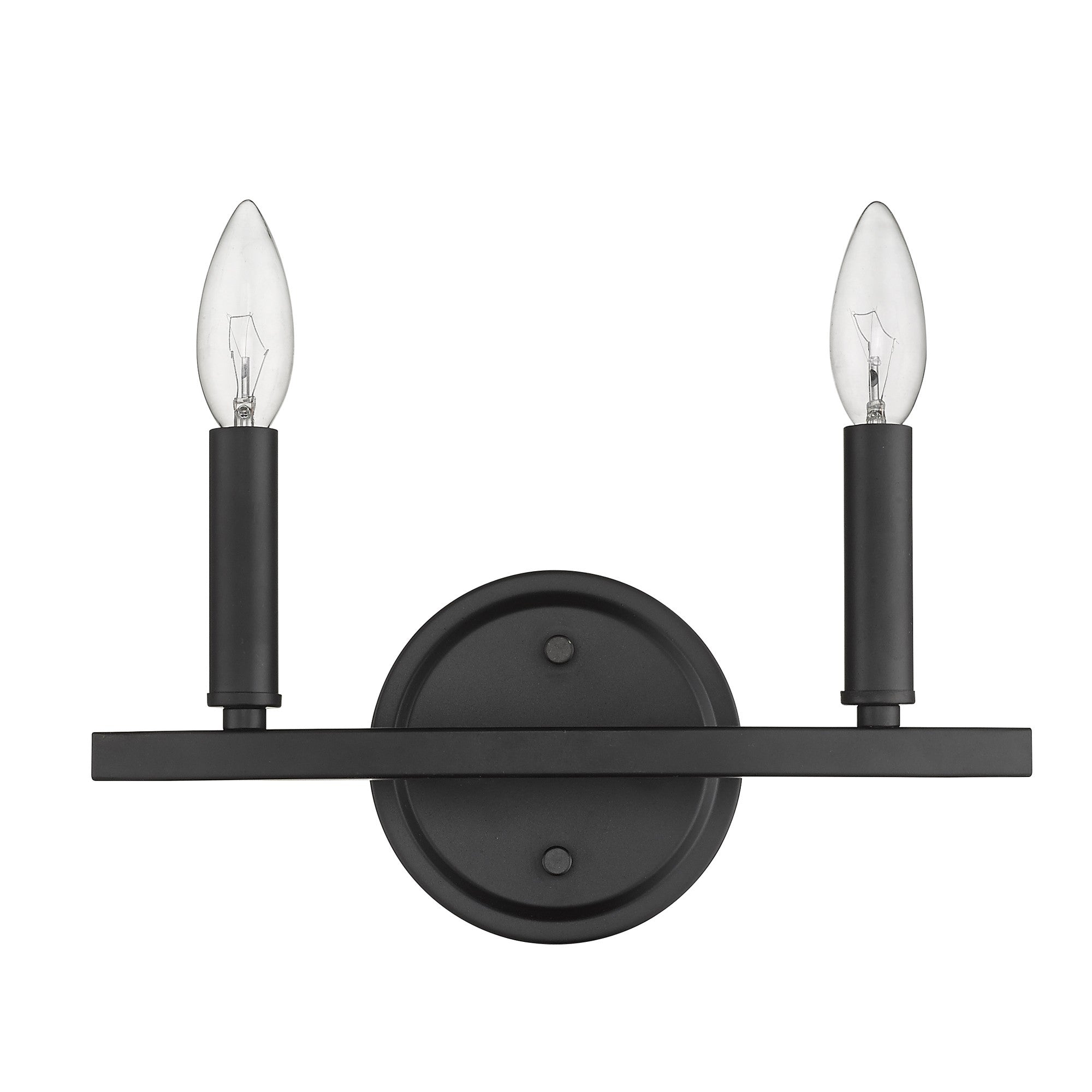 Front view of the Two-Light Matte Black Wall Sconce – modern minimalist wall light with exposed candelabra bulbs