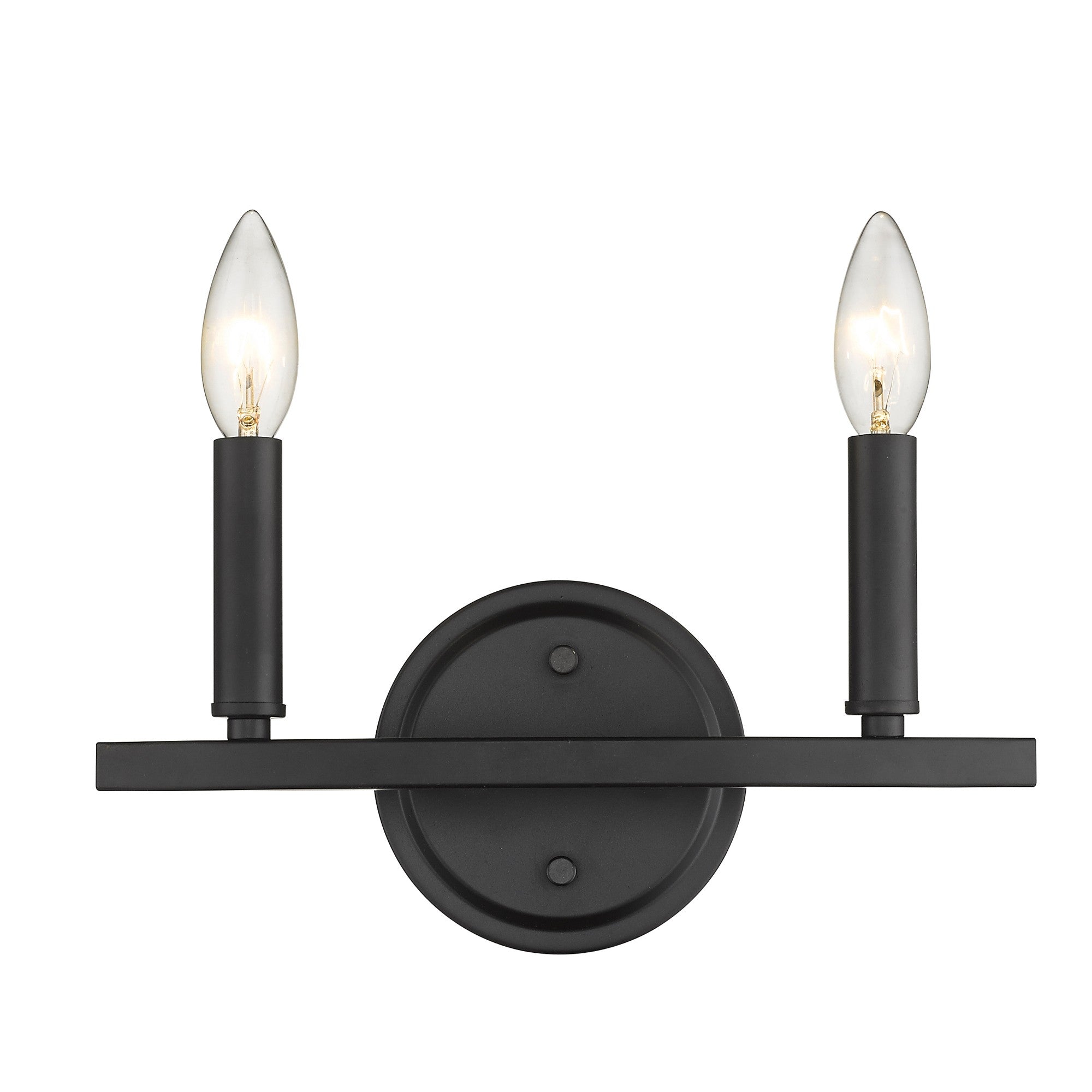 Front view of the lighted Two-Light Matte Black Wall Sconce – modern minimalist wall light with exposed candelabra bulbs
