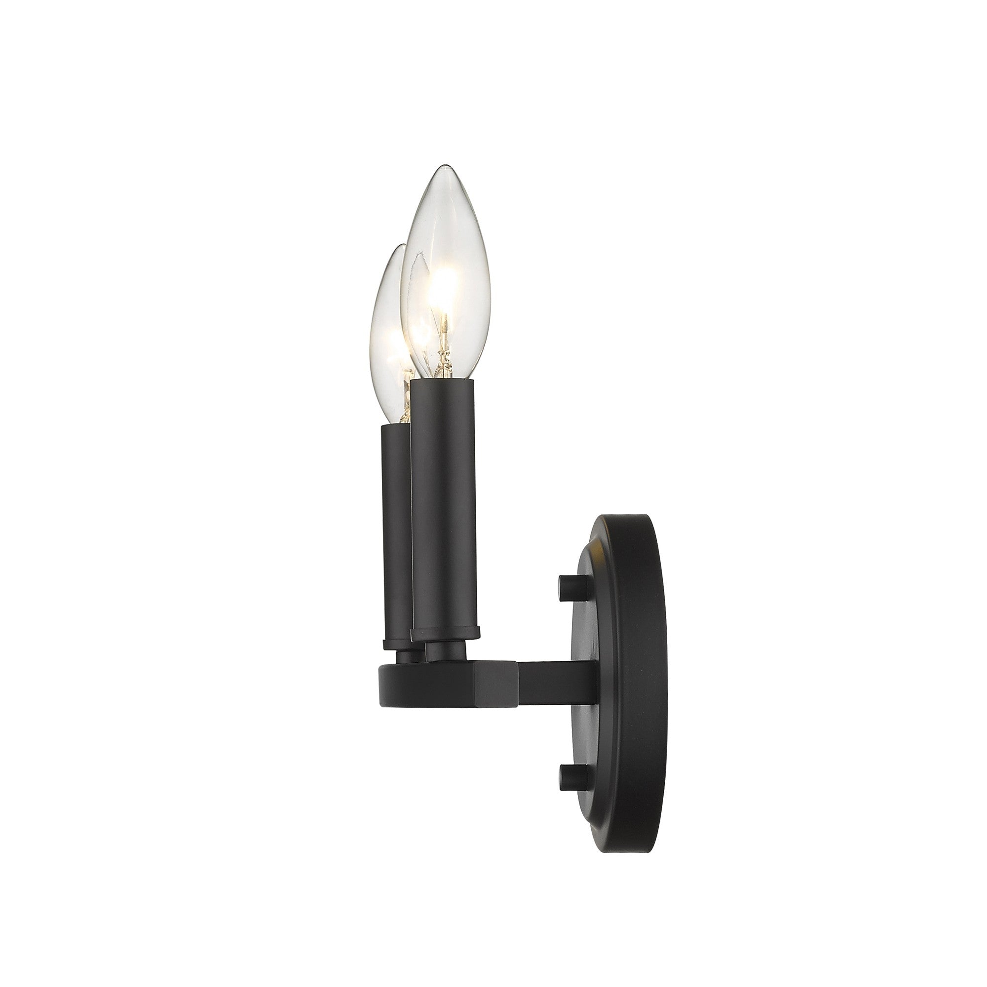 Side view of the lighted Two-Light Matte Black Wall Sconce – modern minimalist wall light with exposed candelabra bulbs