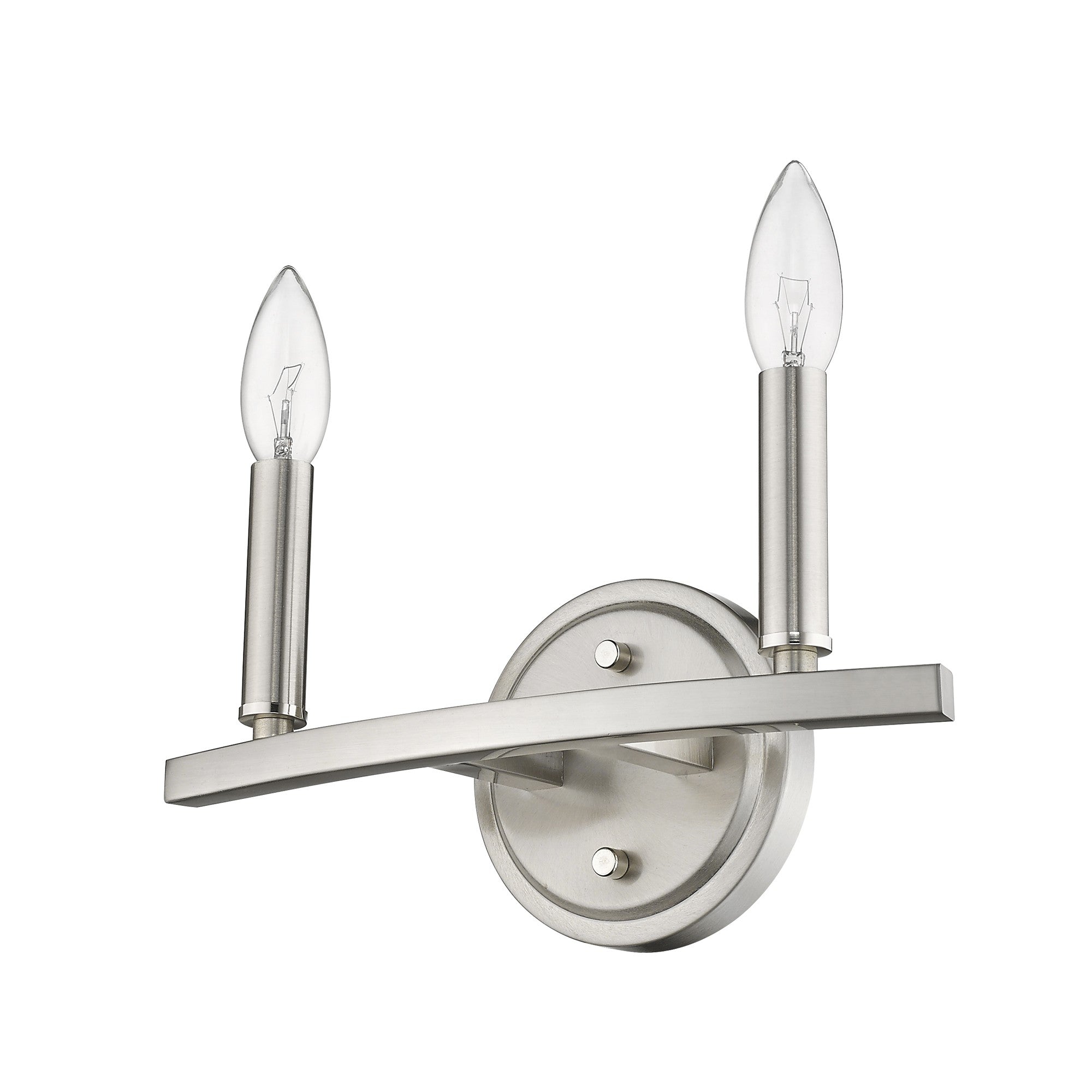 Bottom up right angle view of the Two-Light Silver Wall Sconce – modern polished silver wall light with exposed candelabra bulbs