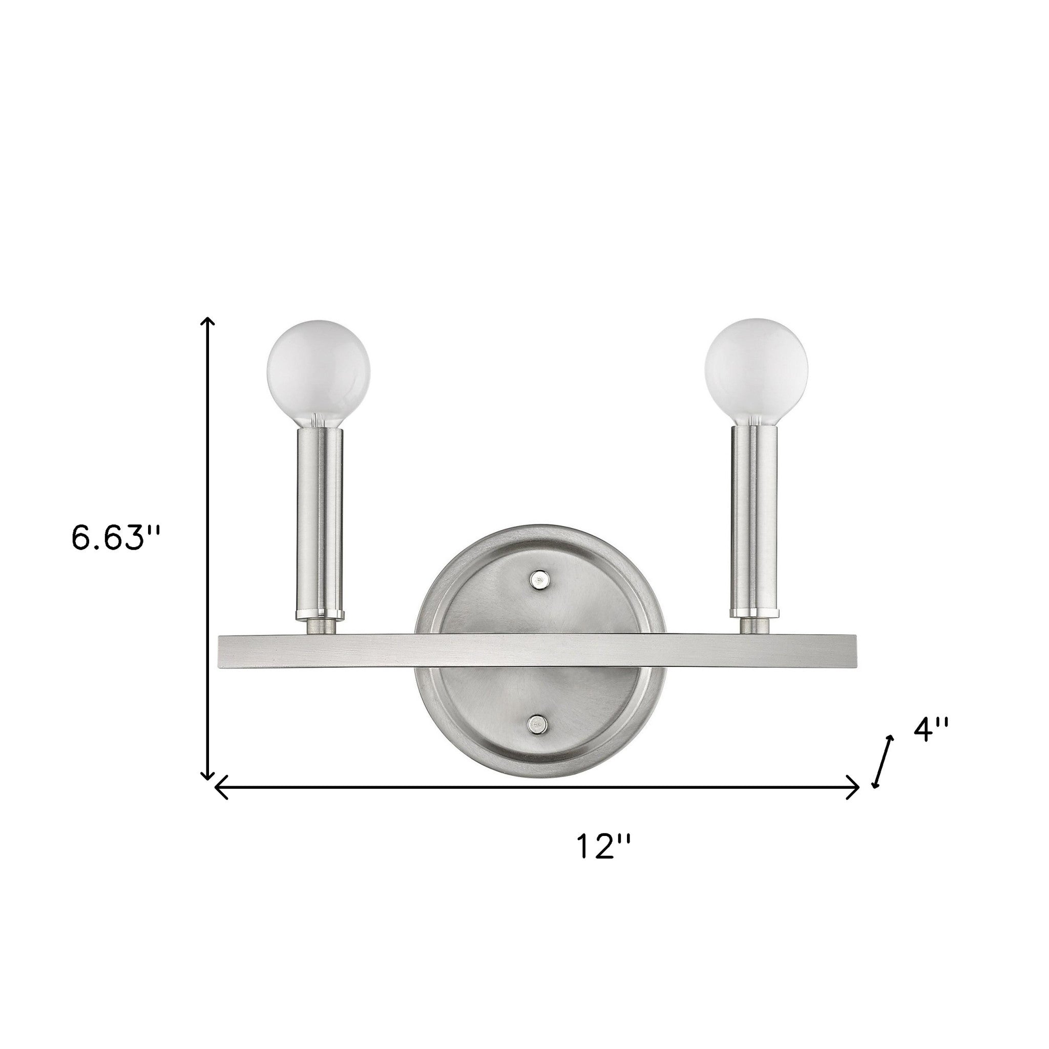 Two-Light Silver Wall Sconce – modern polished silver wall light with exposed round bulbs shown with dimensions of 6 point 63 inches high by 12 inches wide by 4 inches deep