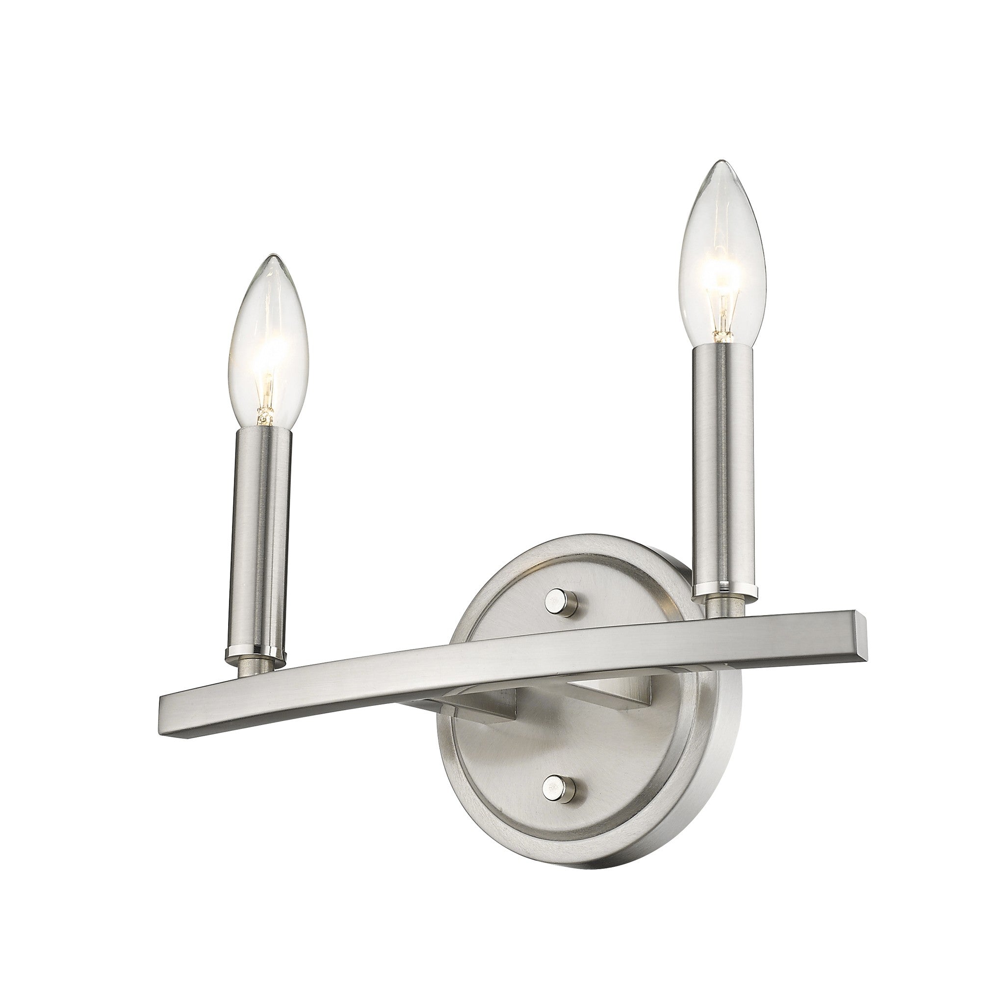 Bottom up right angle view of the lighted Two-Light Silver Wall Sconce – modern polished silver wall light with exposed candelabra bulbs