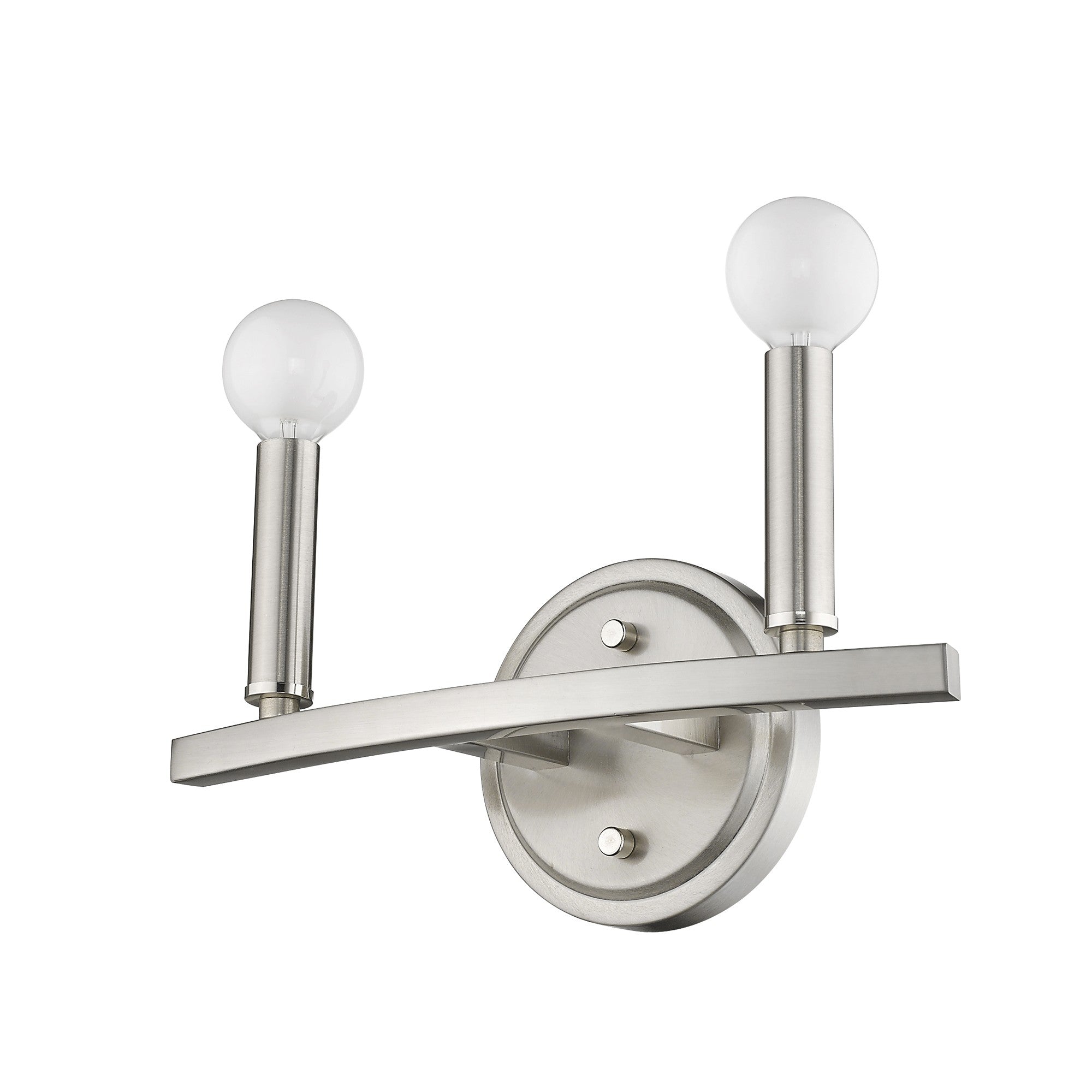 Bottom up right angle view of the Two-Light Silver Wall Sconce – modern polished silver wall light with exposed round bulbs
