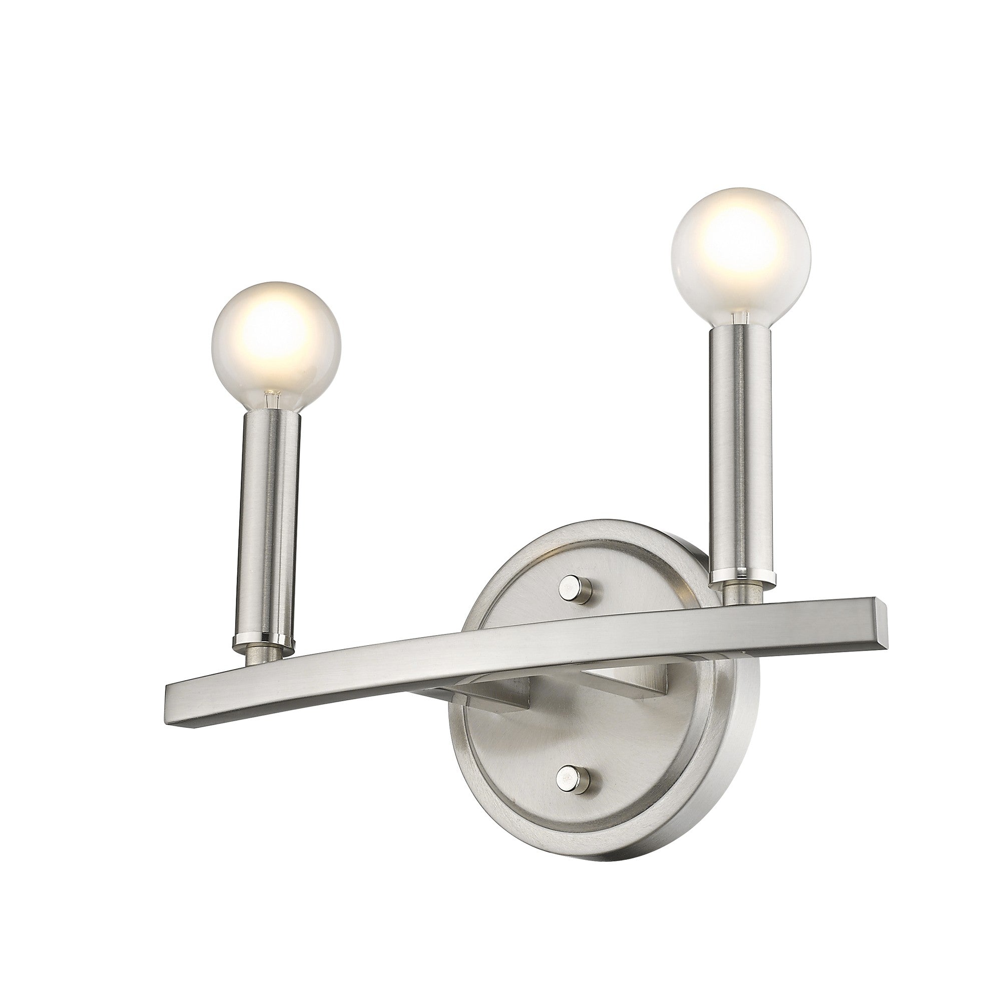 Bottom up right angle view of the lighted Two-Light Silver Wall Sconce – modern polished silver wall light with exposed round bulbs