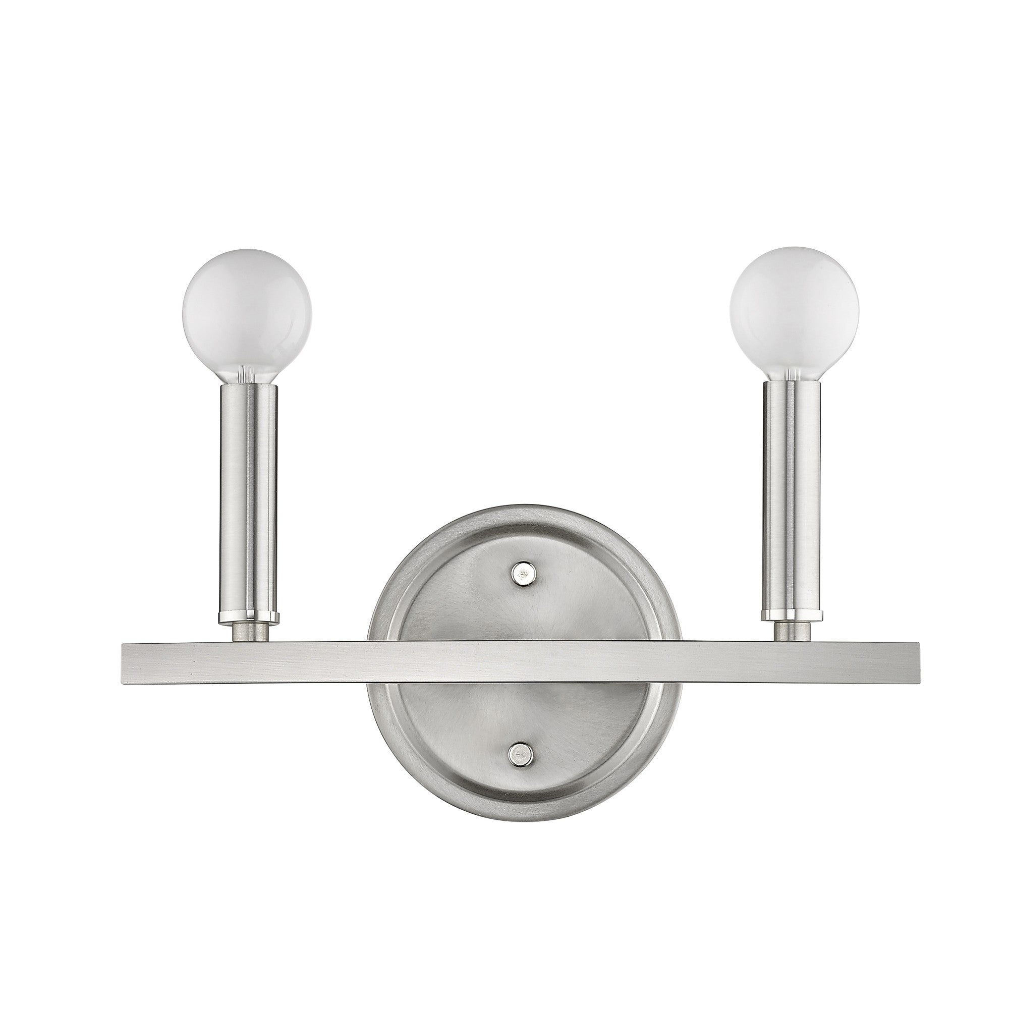 Front view of the Two-Light Silver Wall Sconce – modern polished silver wall light with exposed round bulbs