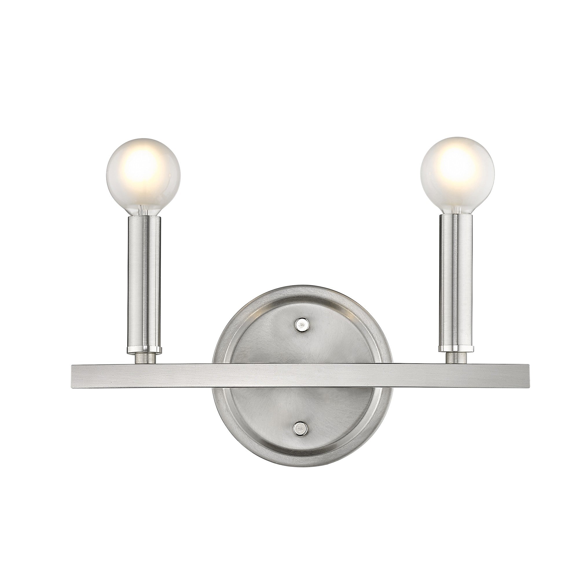 Front view of the lighted Two-Light Silver Wall Sconce – modern polished silver wall light with exposed round bulbs