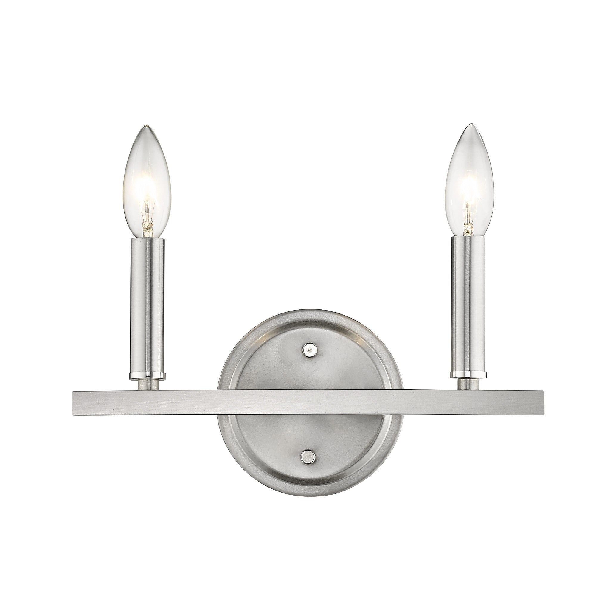 Front view of the lighted Two-Light Silver Wall Sconce – modern polished silver wall light with exposed candelabra bulbs