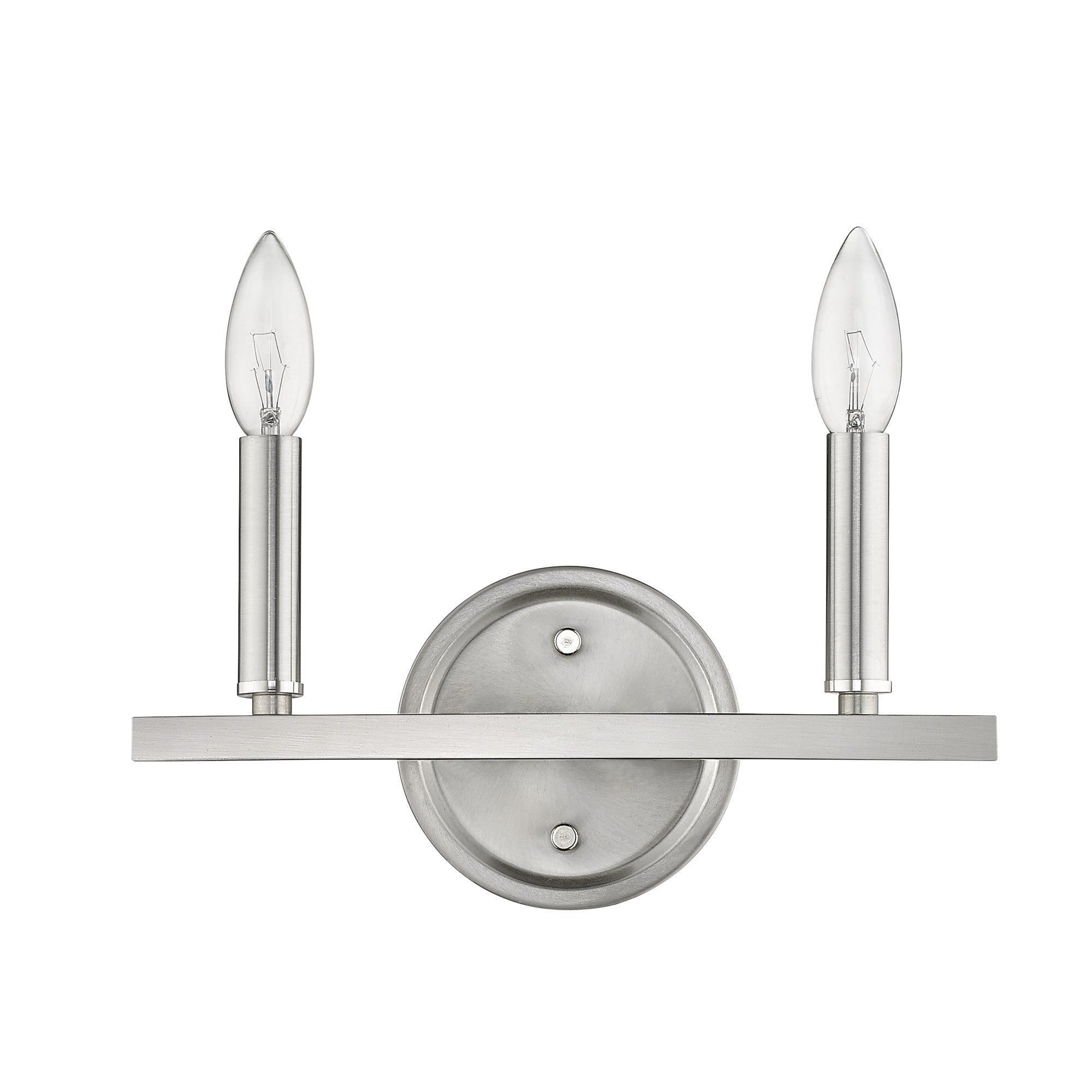 Front view of the Two-Light Silver Wall Sconce – modern polished silver wall light with exposed candelabra bulbs