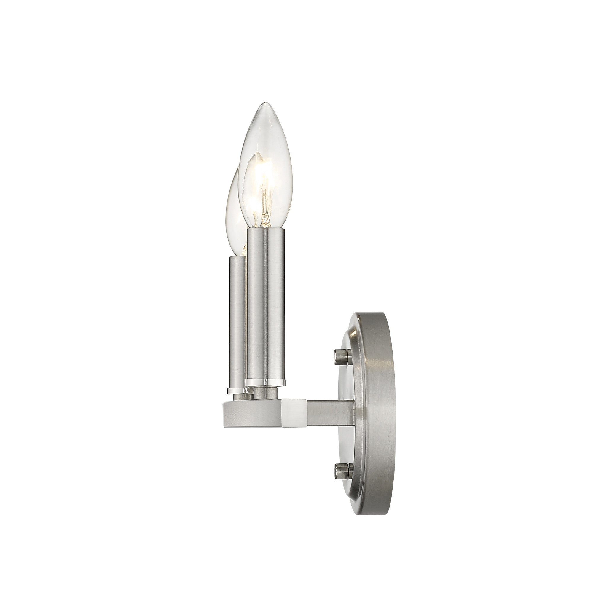 Side view of the lighted Two-Light Silver Wall Sconce – modern polished silver wall light with exposed candelabra bulbs
