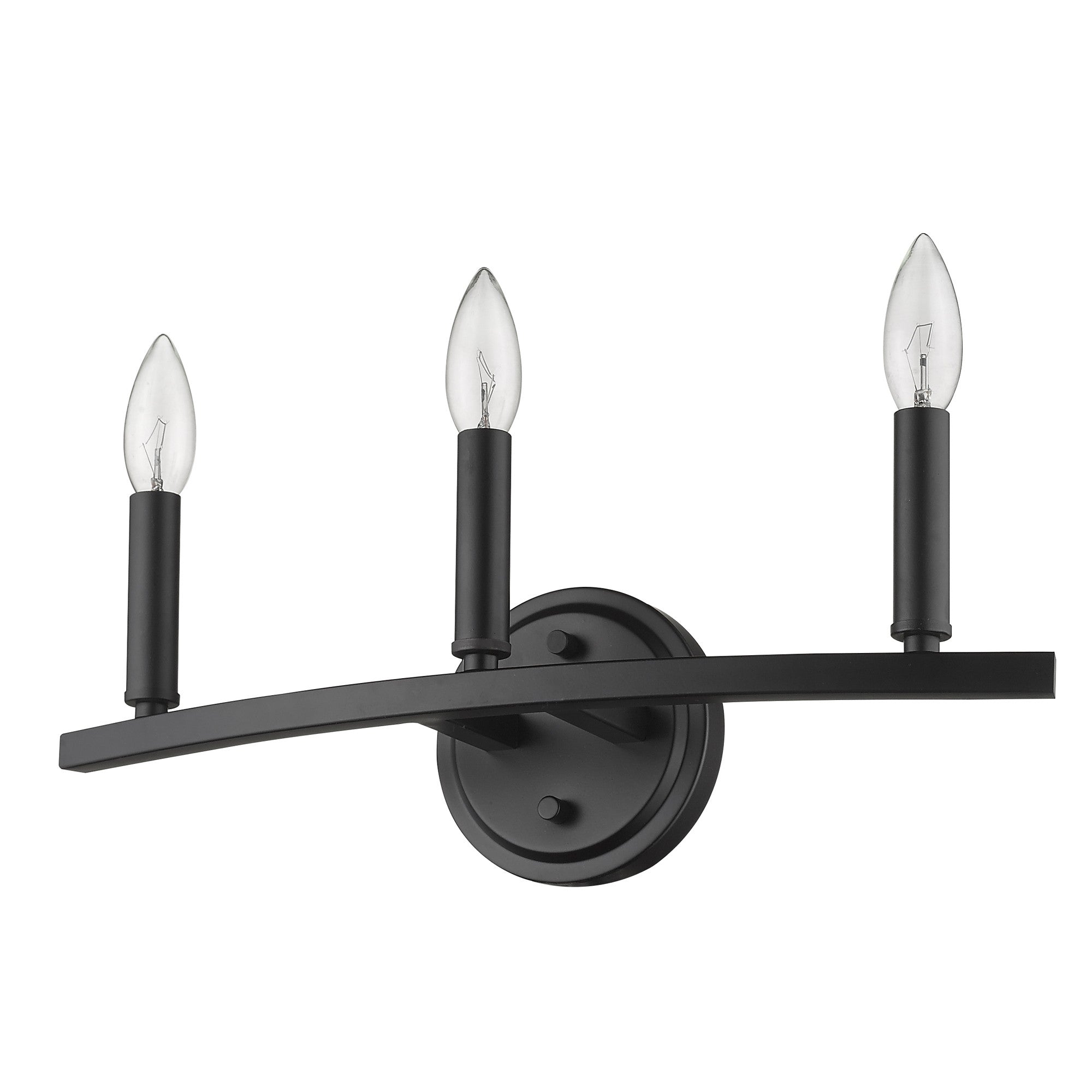 Bottom up right angle view of the Three-Light Matte Black Wall Sconce – modern minimalist black wall light with three exposed candelabra bulbs