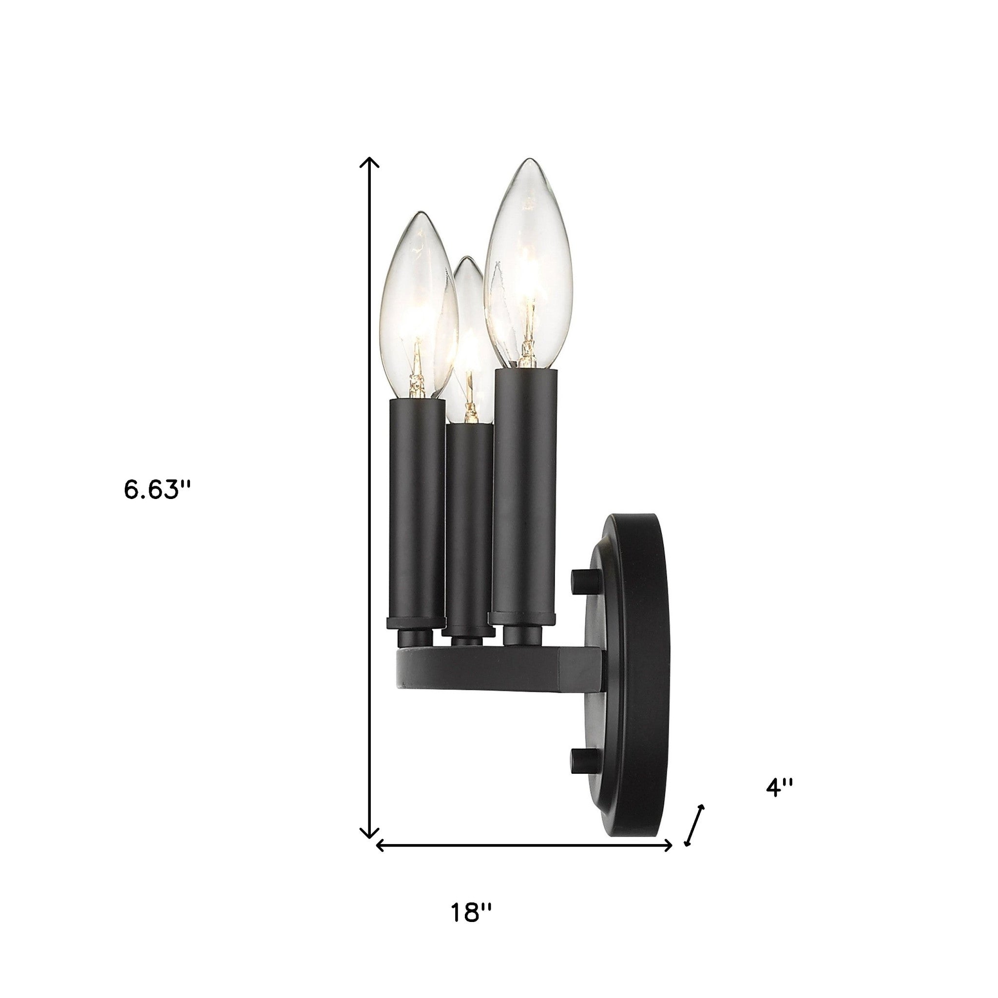 Matte Black Wall Sconce – modern minimalist black wall light with three exposed bulbs shown with dimensions of 6 point 63 inches high by 18 inches wide by 4 inches deep