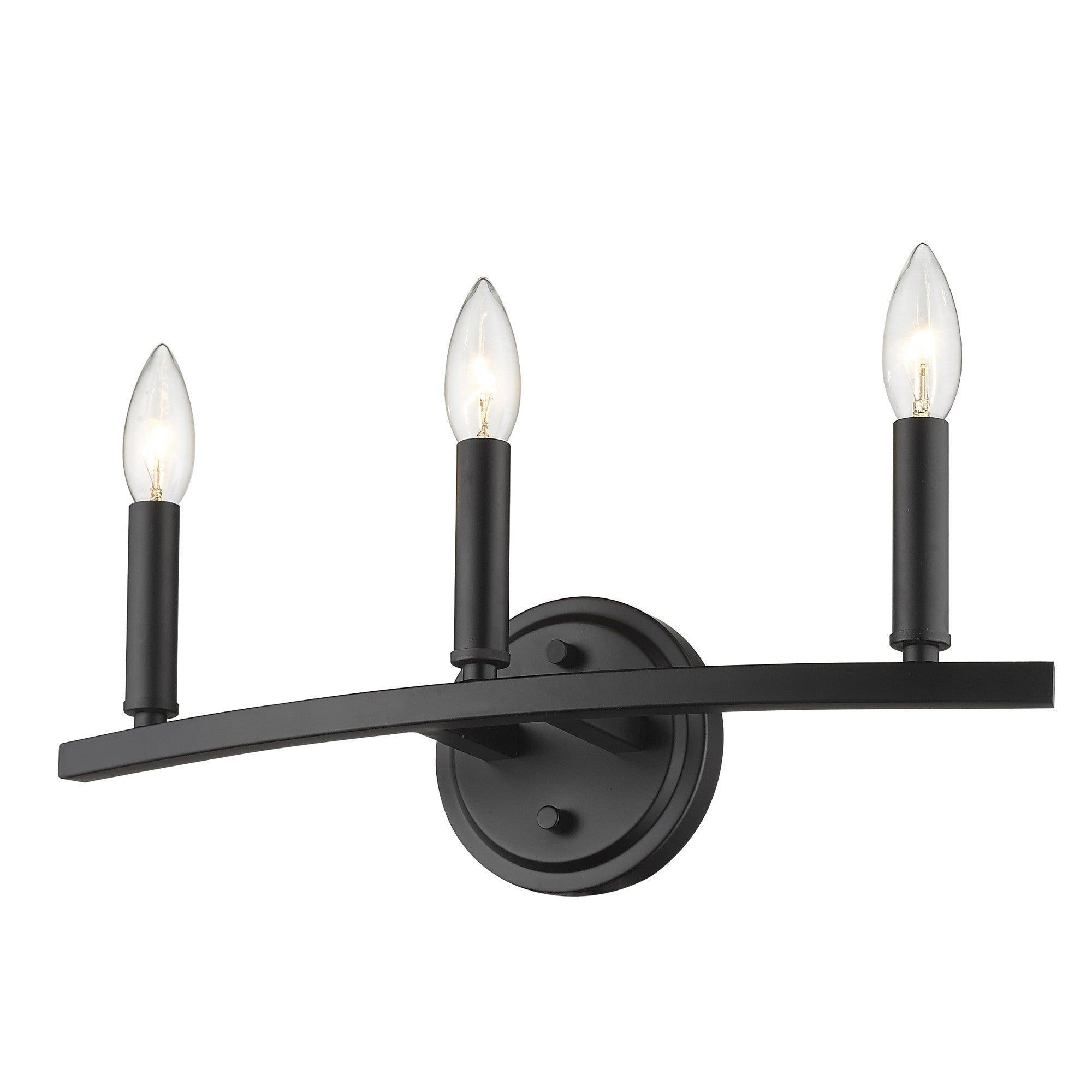 Bottom up right angle view of the lighted Three-Light Matte Black Wall Sconce – modern minimalist black wall light with three exposed candelabra bulbs