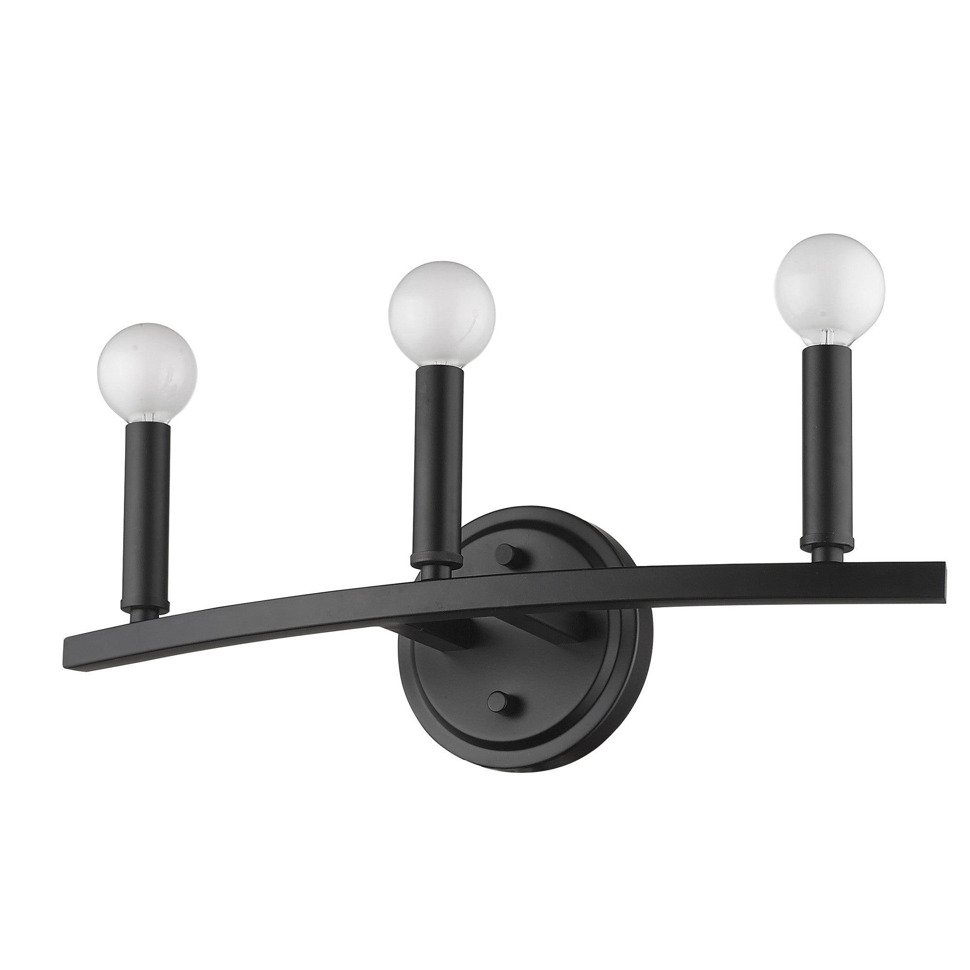 Bottom up right angle view of the Three-Light Matte Black Wall Sconce – modern minimalist black wall light with three exposed round bulbs