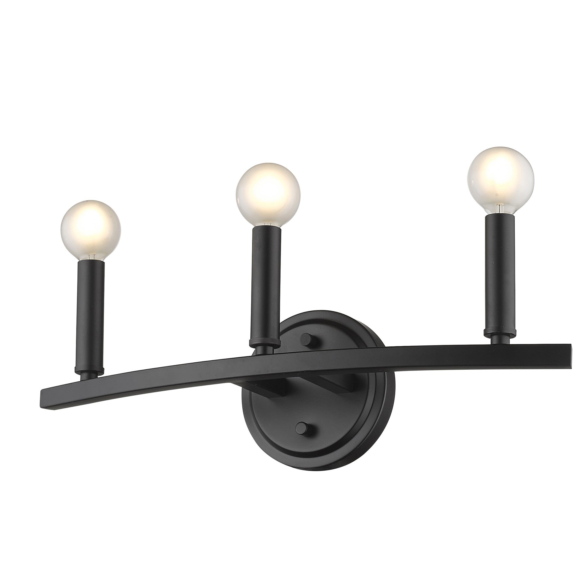 Bottom up right angle view of the lighted Three-Light Matte Black Wall Sconce – modern minimalist black wall light with three exposed round bulbs