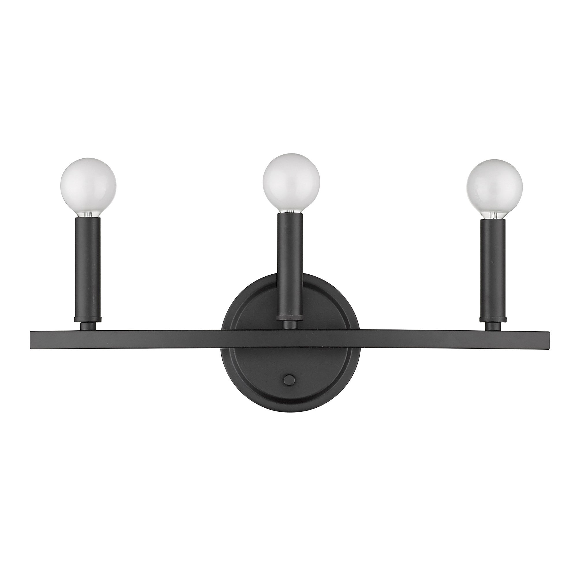 Front view of the Three-Light Matte Black Wall Sconce – modern minimalist black wall light with three exposed round bulbs