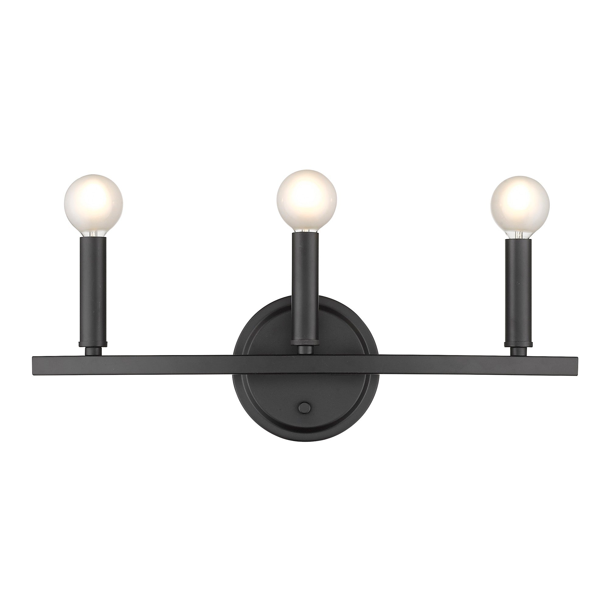 Front view of the lighted Three-Light Matte Black Wall Sconce – modern minimalist black wall light with three exposed round bulbs