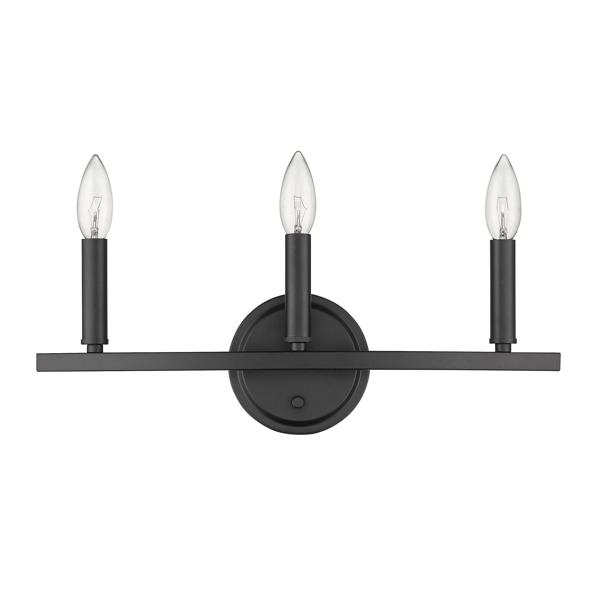 Front view of the Three-Light Matte Black Wall Sconce – modern minimalist black wall light with three exposed candelabra bulbs