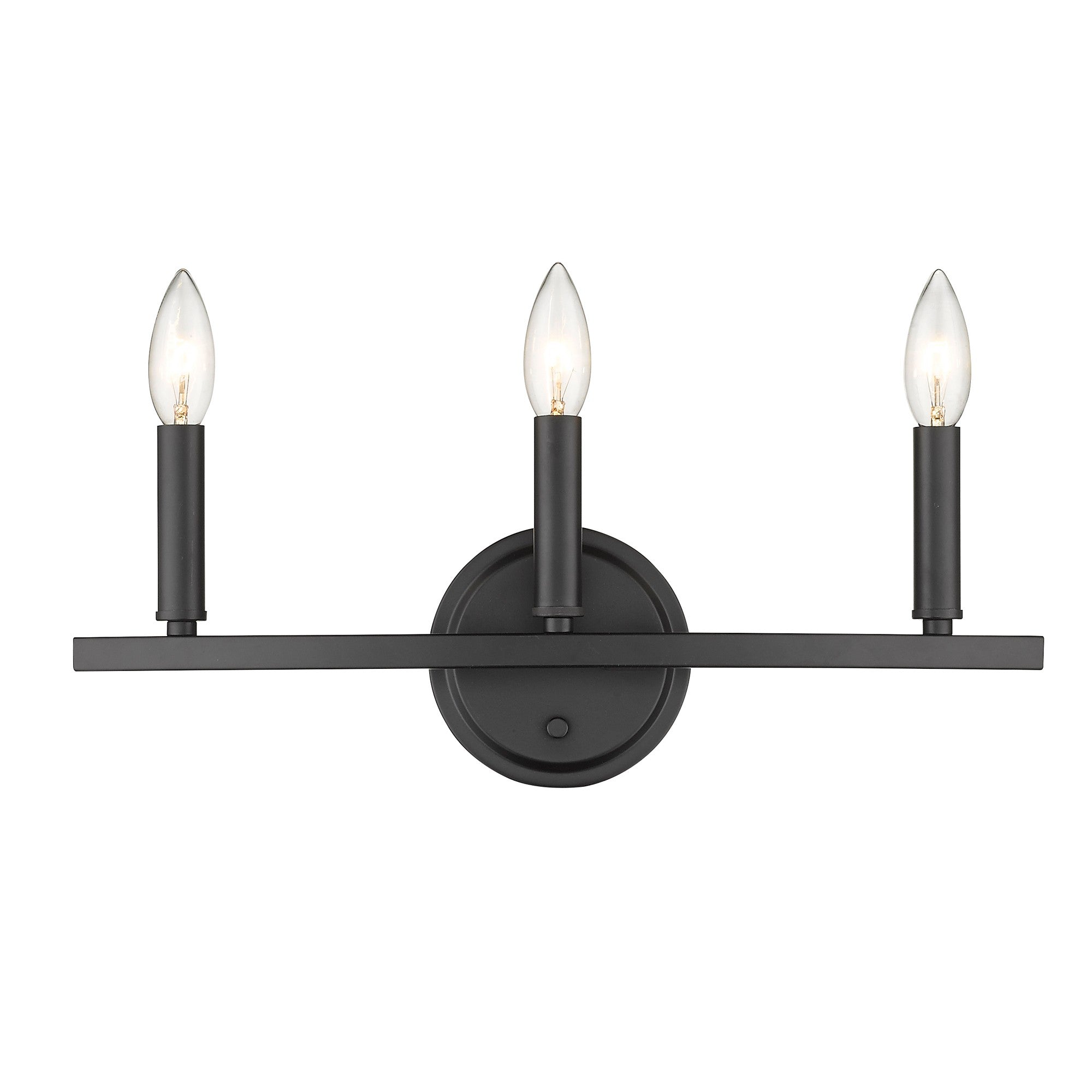 Front view of the lighted Three-Light Matte Black Wall Sconce – modern minimalist black wall light with three exposed candelabra bulbs