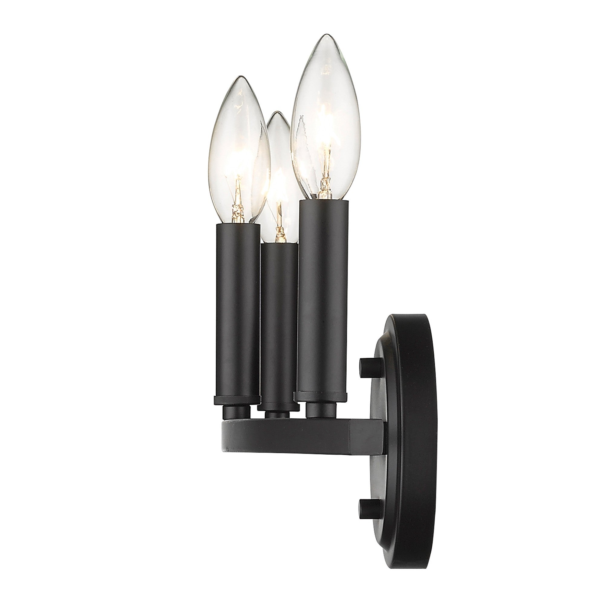 Side view of the lighted Three-Light Matte Black Wall Sconce – modern minimalist black wall light with three exposed bulbs