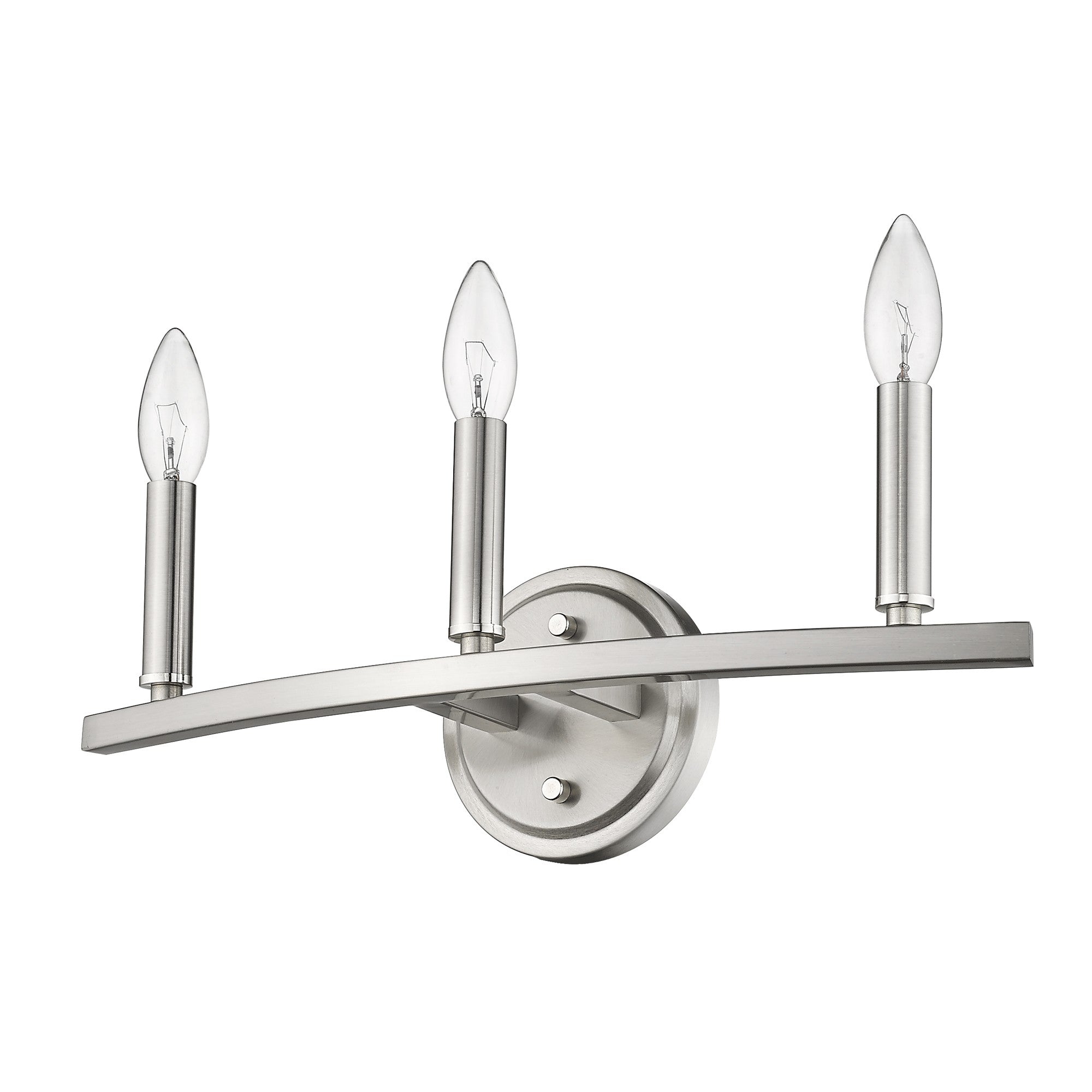 Bottom up right angle view of the Sawyer 3-Light Satin Nickel Vanity Light for modern bathroom vanity spaces with candelabra bulbs
