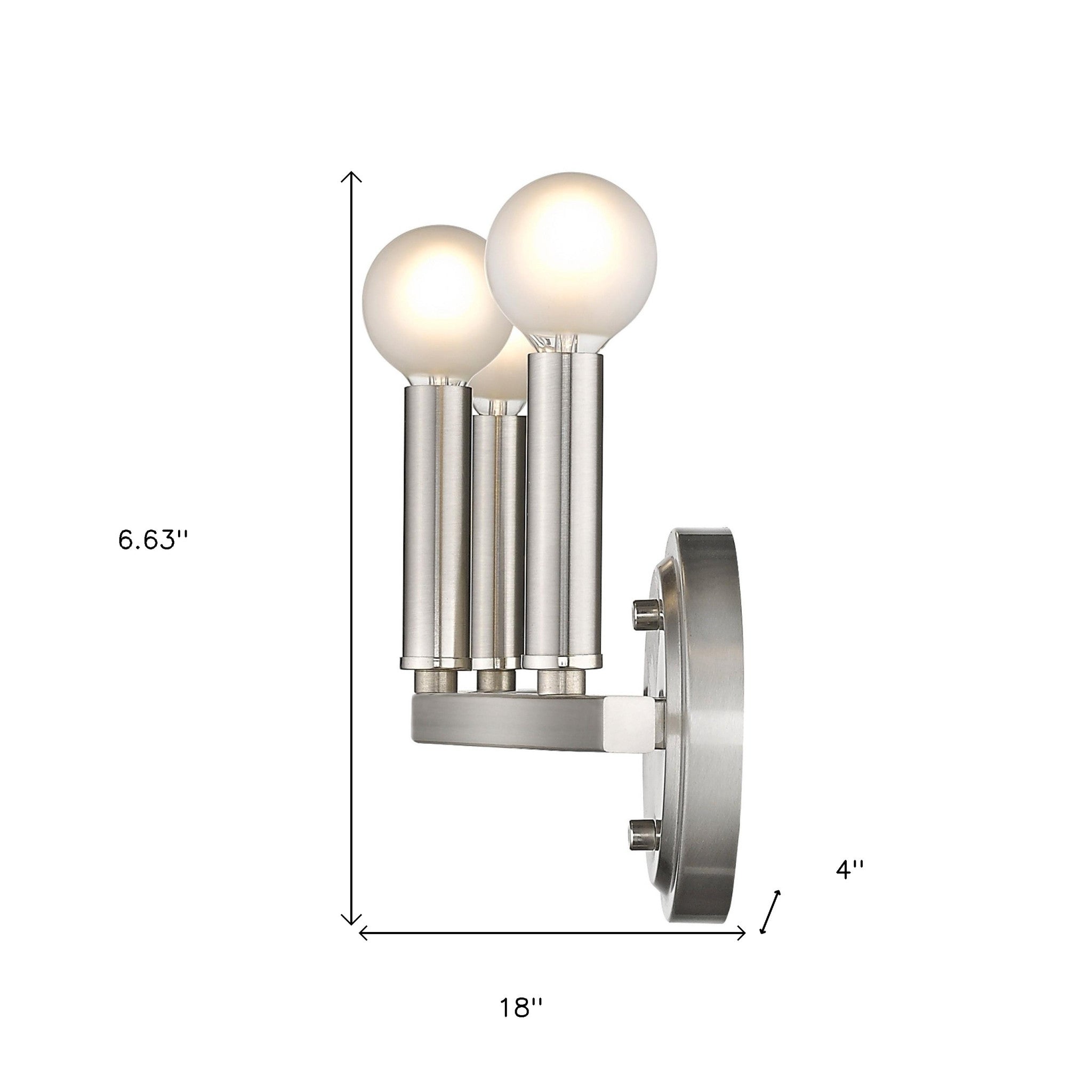 Sawyer 3-Light Satin Nickel Vanity Light for modern bathroom vanity spaces shown with dimensions of 6 point 63 inches high by 18 inches wide by 4 inches deep