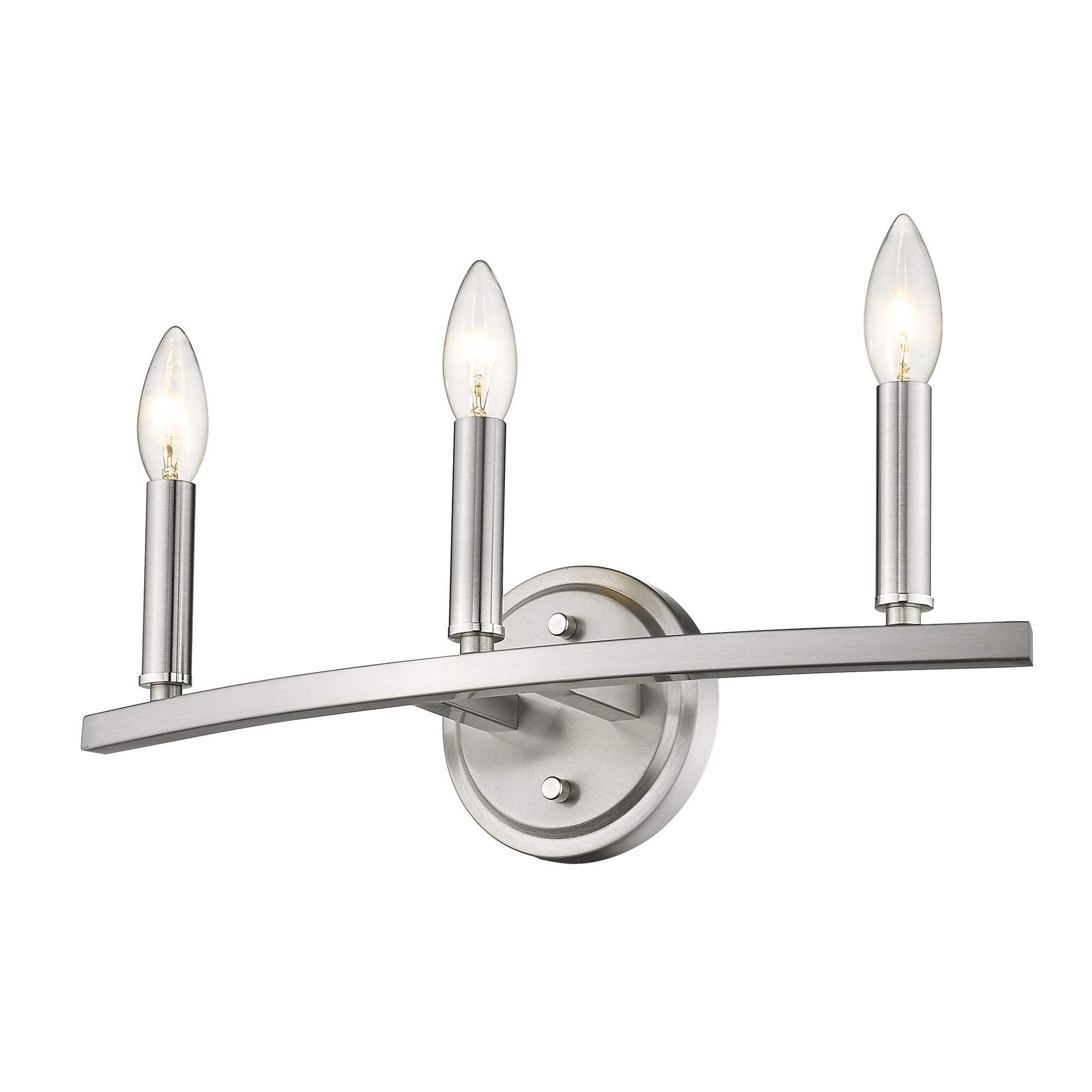 Bottom up right angle view of the lighted Sawyer 3-Light Satin Nickel Vanity Light for modern bathroom vanity spaces with candelabra bulbs