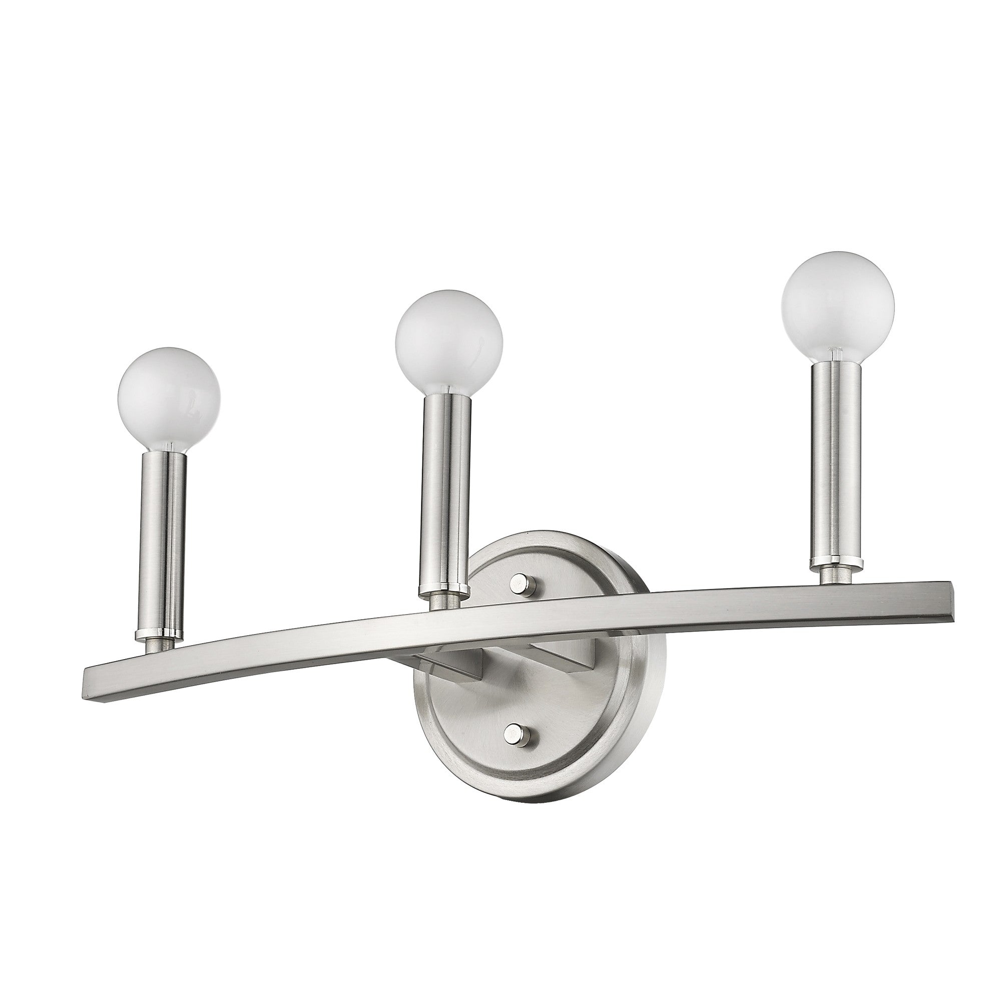 Bottom up right angle view of the Sawyer 3-Light Satin Nickel Vanity Light for modern bathroom vanity spaces with round bulbs